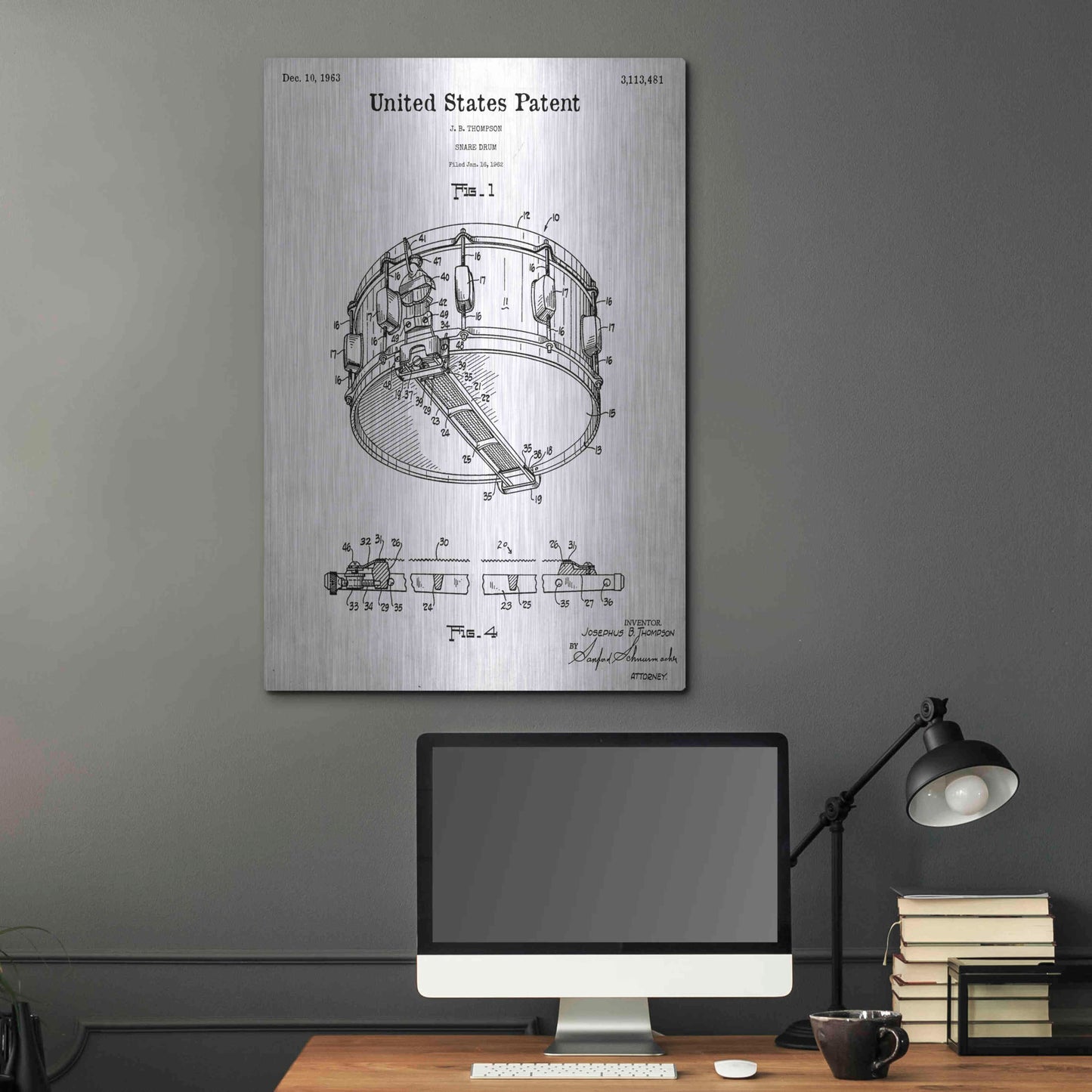 Luxe Metal Art 'Snare Drum Blueprint Patent White' Acrylic Glass Wall Art,24x36