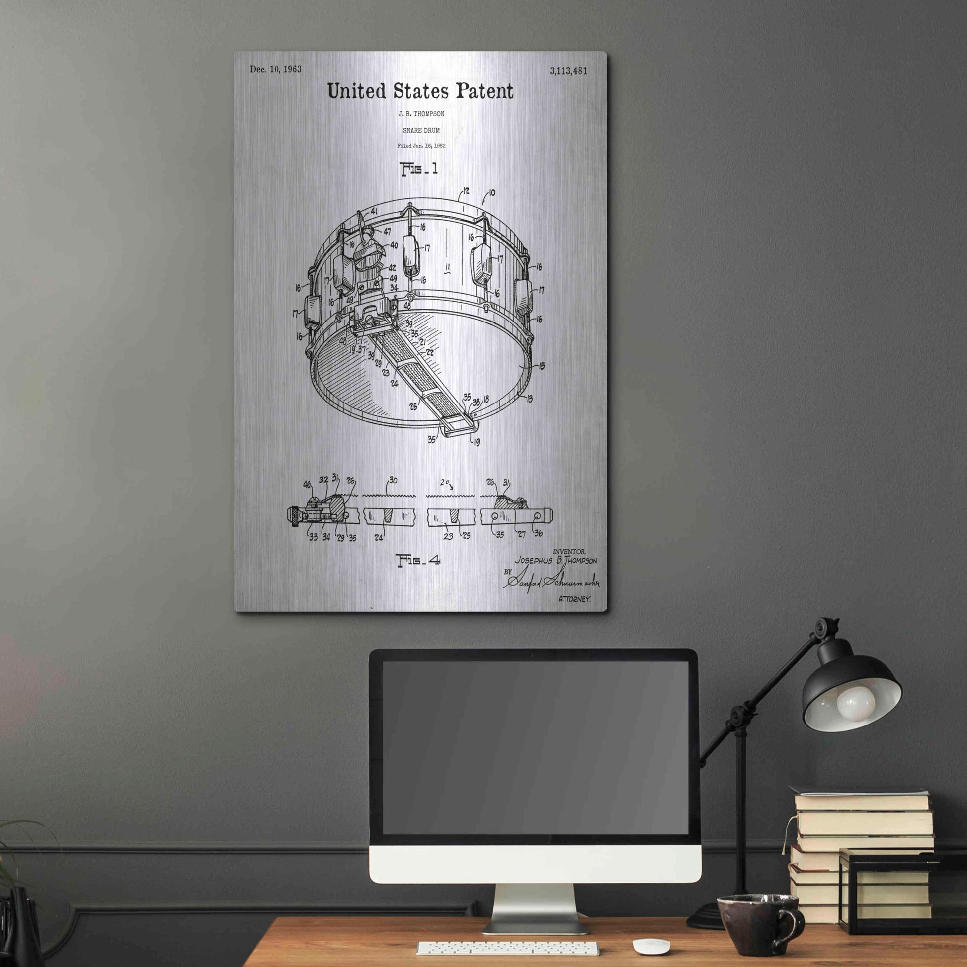 Luxe Metal Art 'Snare Drum Blueprint Patent White' Acrylic Glass Wall Art,24x36