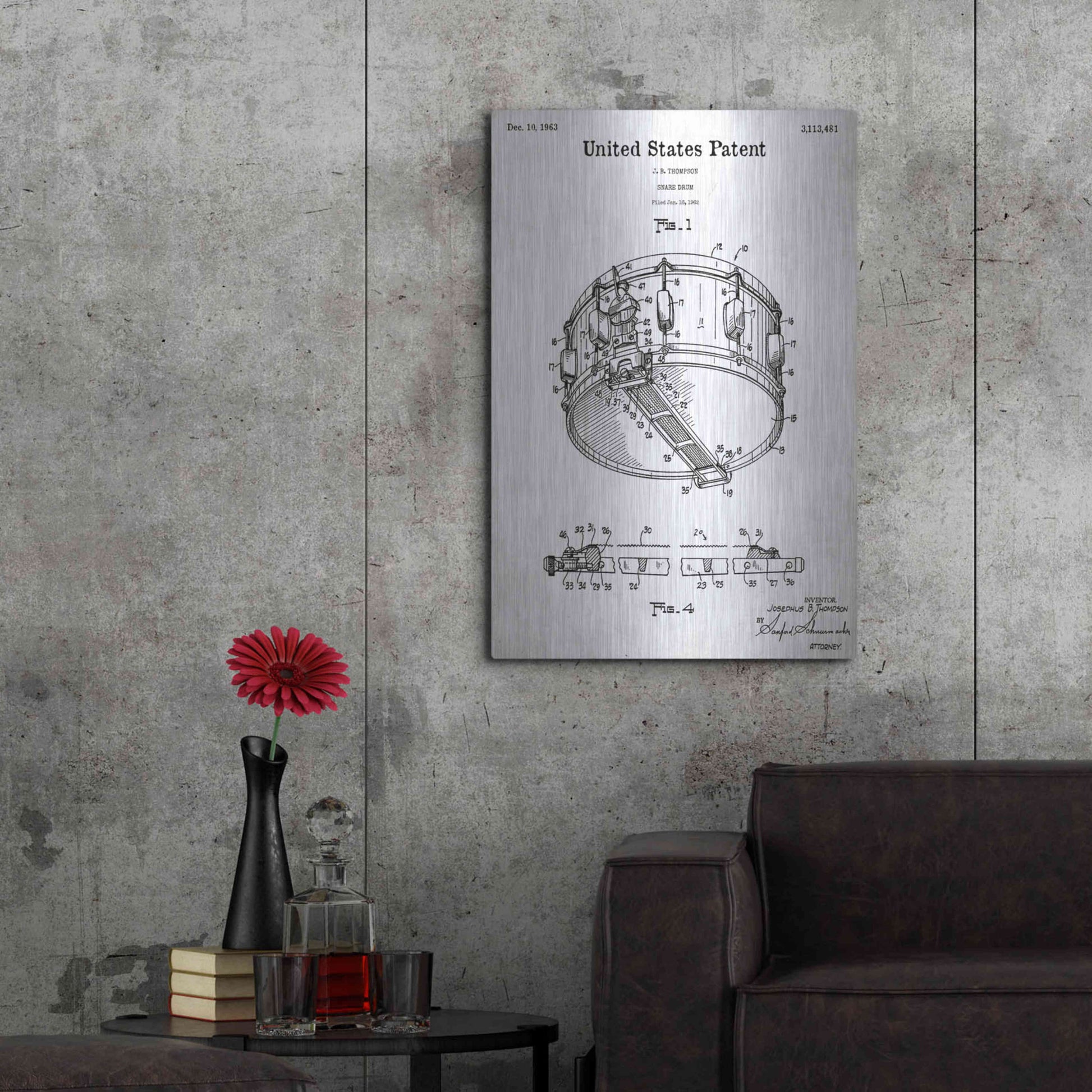 Luxe Metal Art 'Snare Drum Blueprint Patent White' Acrylic Glass Wall Art,24x36