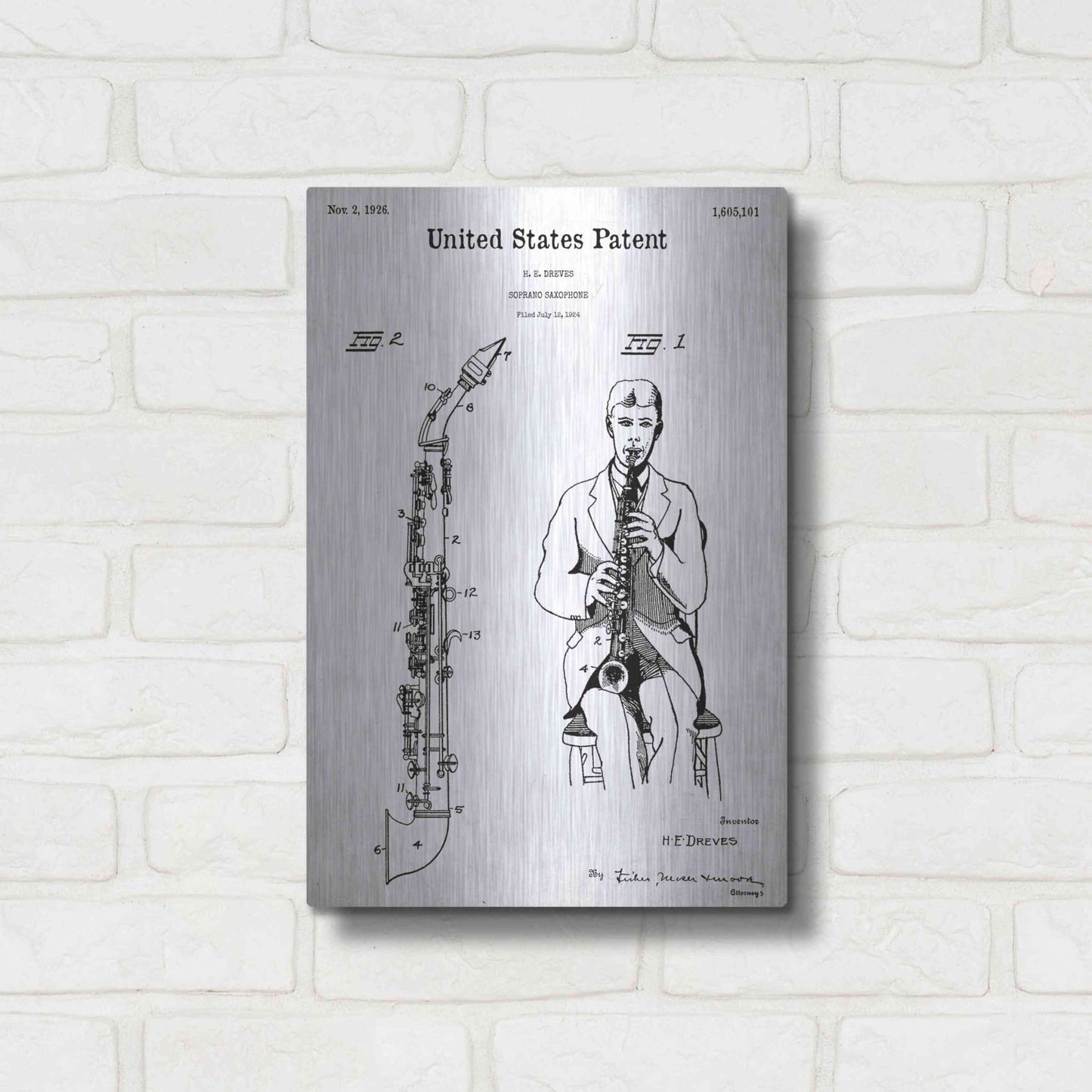 Luxe Metal Art 'Soprano Saxophone Blueprint Patent White' Acrylic Glass Wall Art,12x16