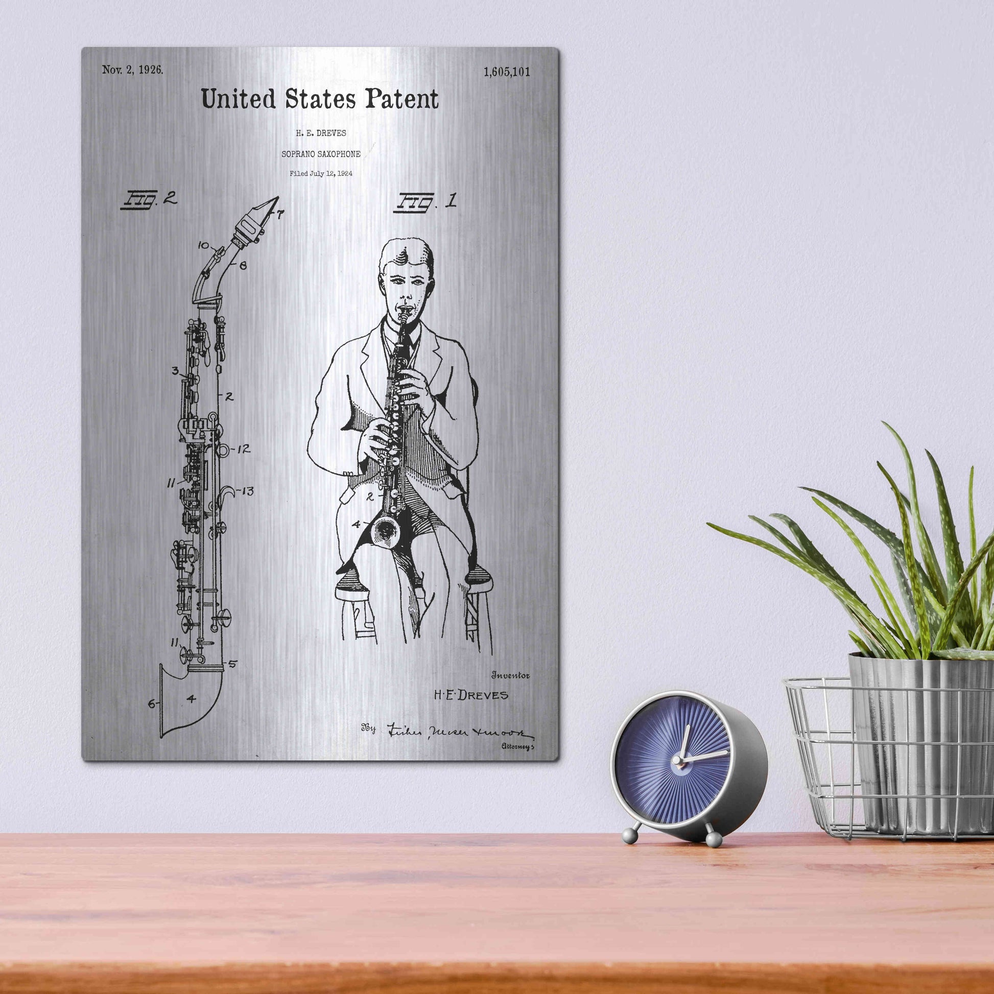 Luxe Metal Art 'Soprano Saxophone Blueprint Patent White' Acrylic Glass Wall Art,12x16