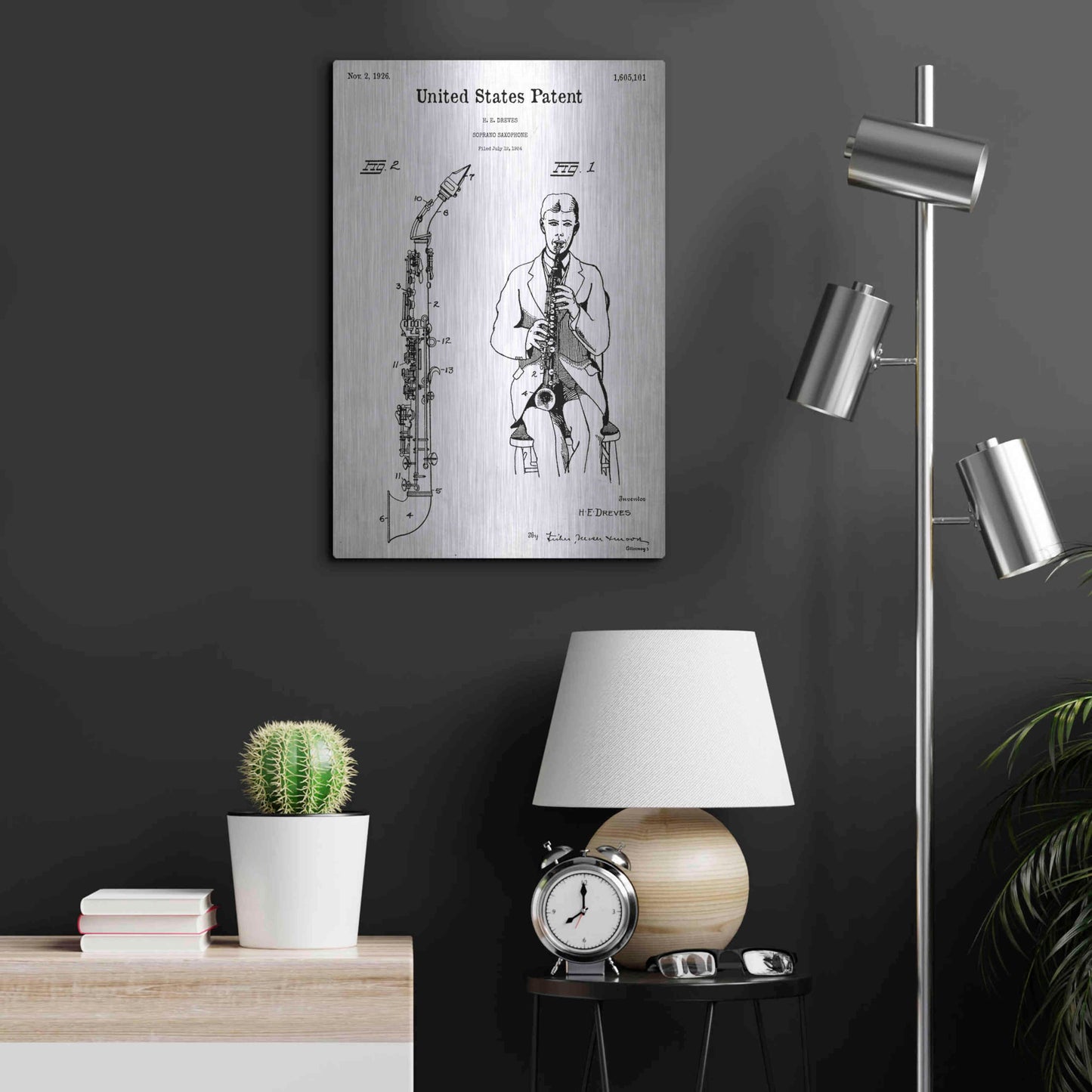 Luxe Metal Art 'Soprano Saxophone Blueprint Patent White' Acrylic Glass Wall Art,16x24