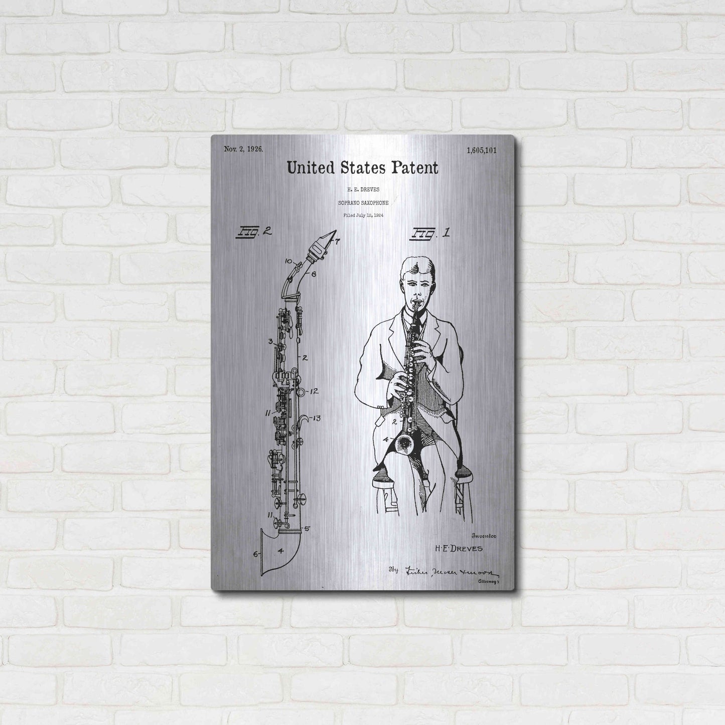 Luxe Metal Art 'Soprano Saxophone Blueprint Patent White' Acrylic Glass Wall Art,24x36