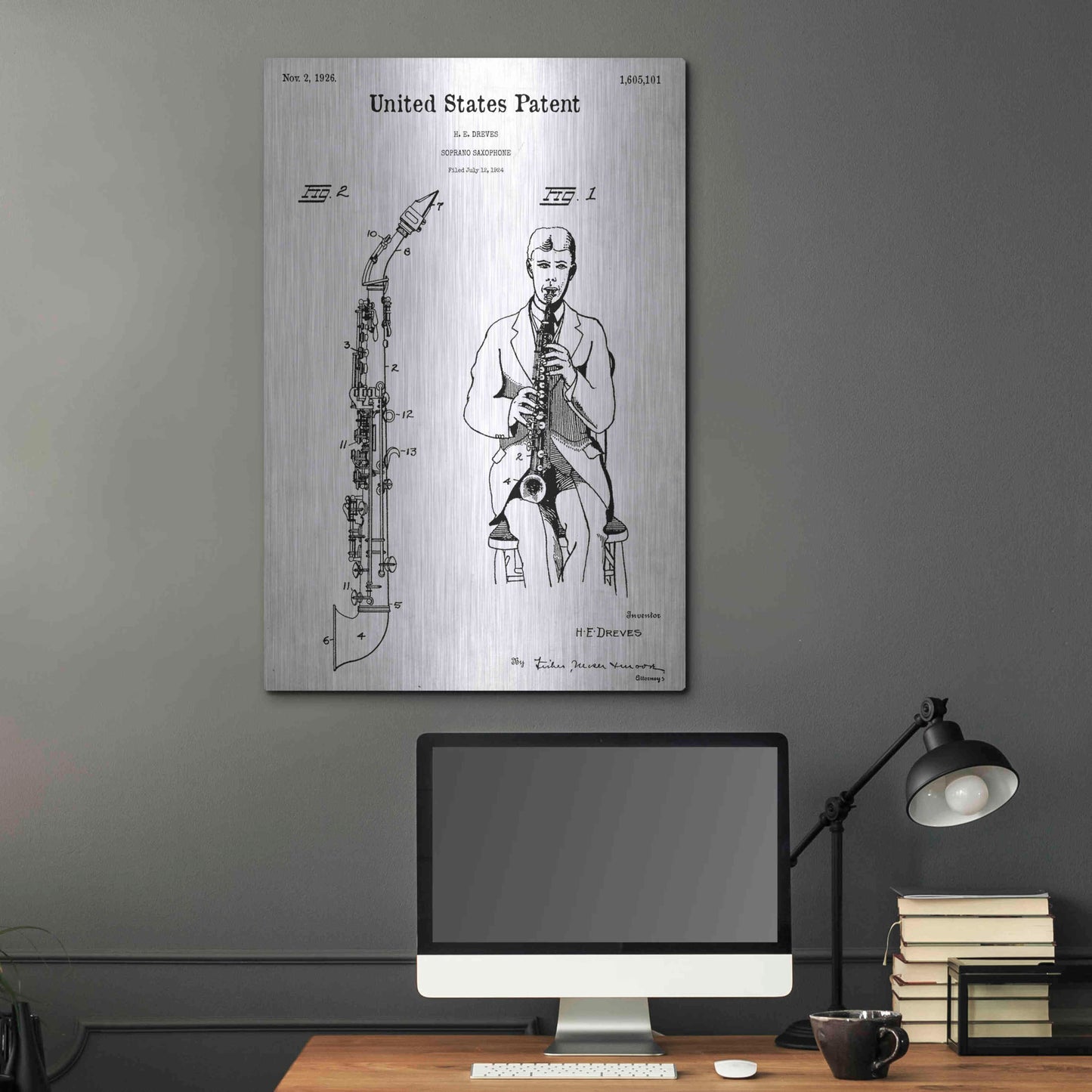 Luxe Metal Art 'Soprano Saxophone Blueprint Patent White' Acrylic Glass Wall Art,24x36