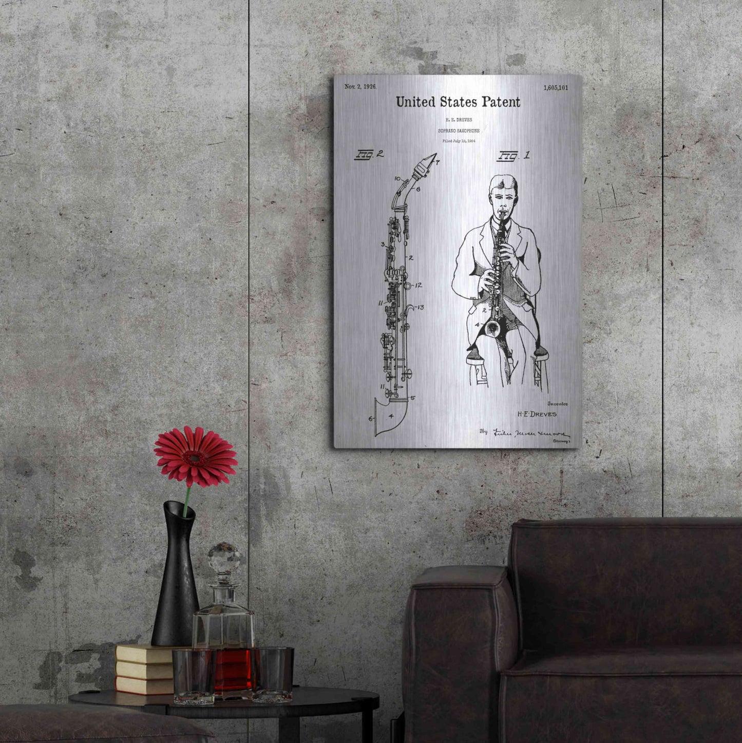 Luxe Metal Art 'Soprano Saxophone Blueprint Patent White' Acrylic Glass Wall Art,24x36