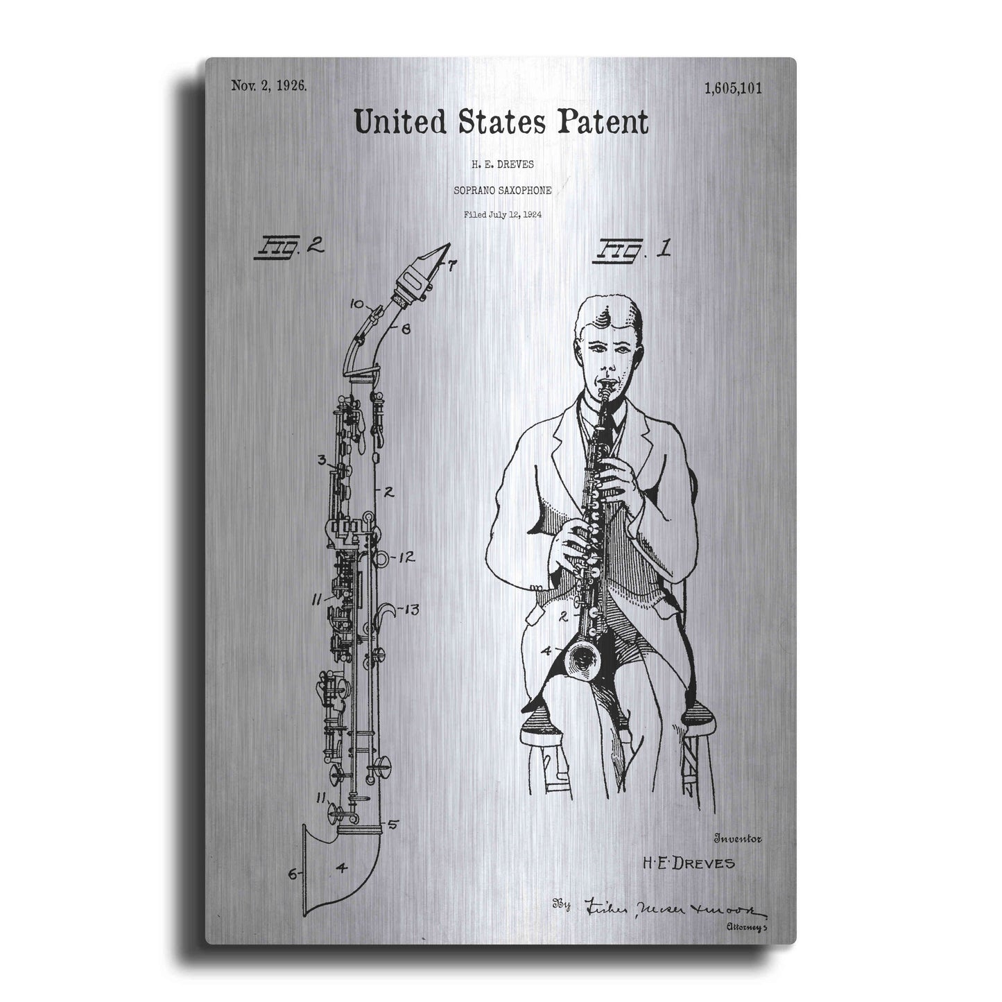 Luxe Metal Art 'Soprano Saxophone Blueprint Patent White' Acrylic Glass Wall Art