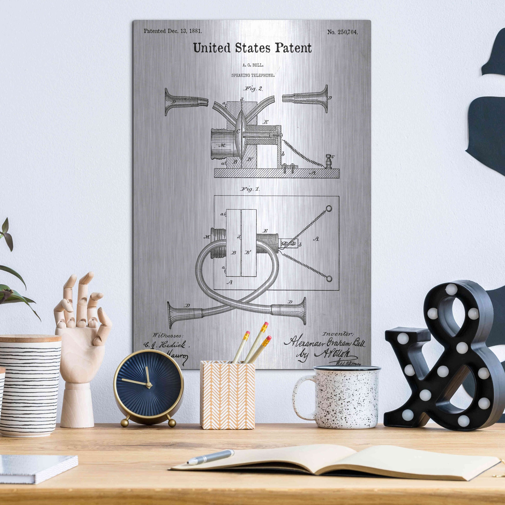 Luxe Metal Art 'Speaking Telephone Blueprint Patent White' Acrylic Glass Wall Art,12x16