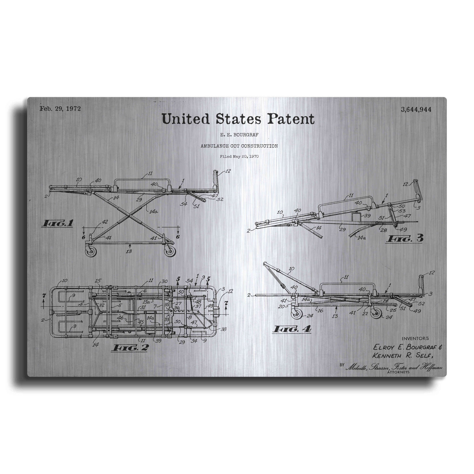 Luxe Metal Art 'EMT Stretcher Blueprint Patent White' Acrylic Glass Wall Art