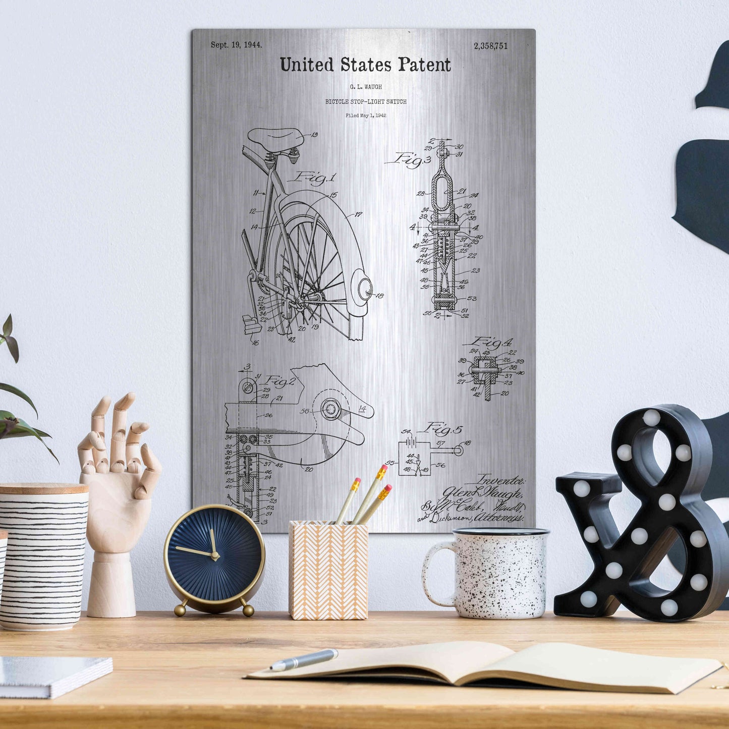 Luxe Metal Art 'Bicycle Stop-light Switch Blueprint Patent White' Acrylic Glass Wall Art,12x16