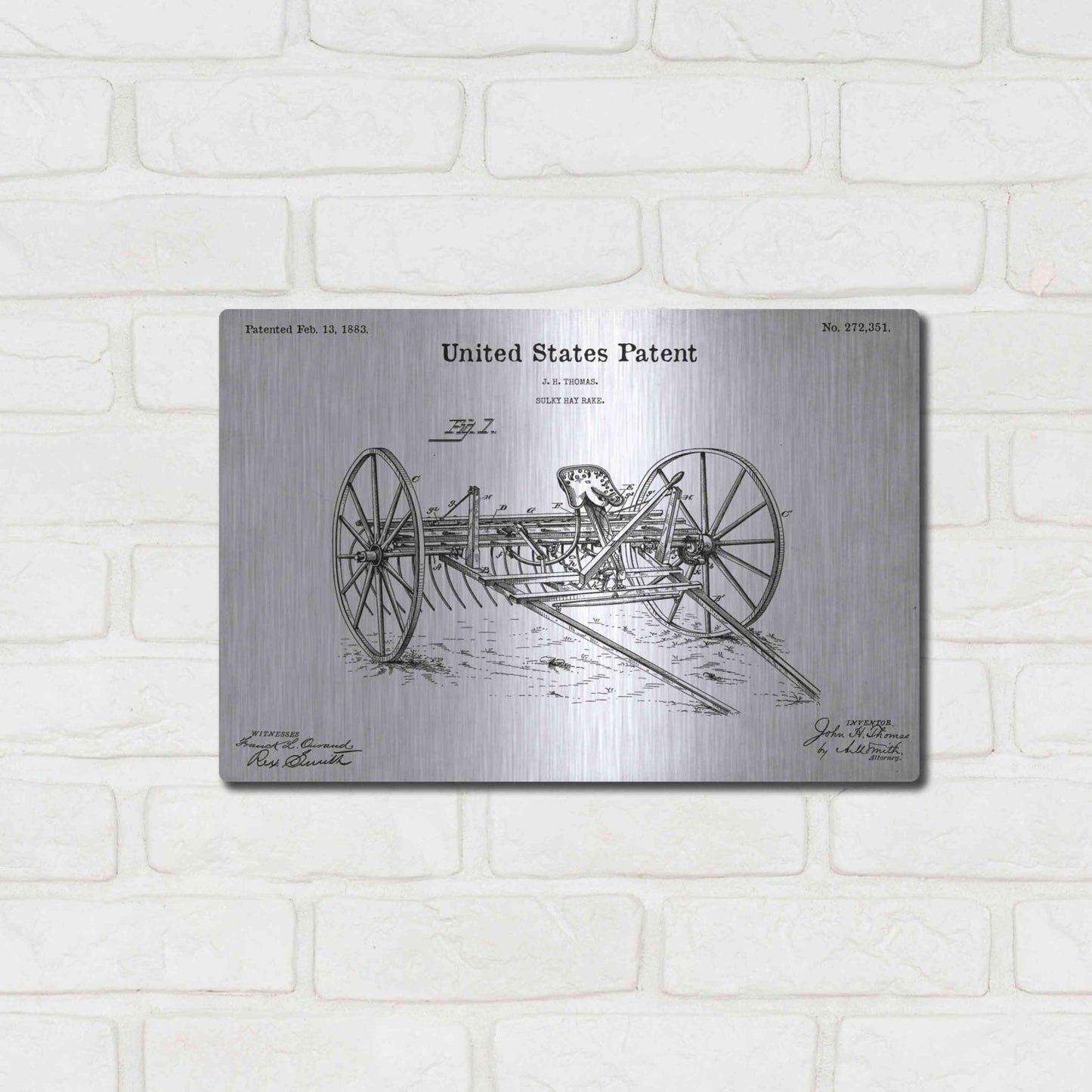 Luxe Metal Art 'Horse Drawn Hay Rake Blueprint Patent White' Acrylic Glass Wall Art,16x12