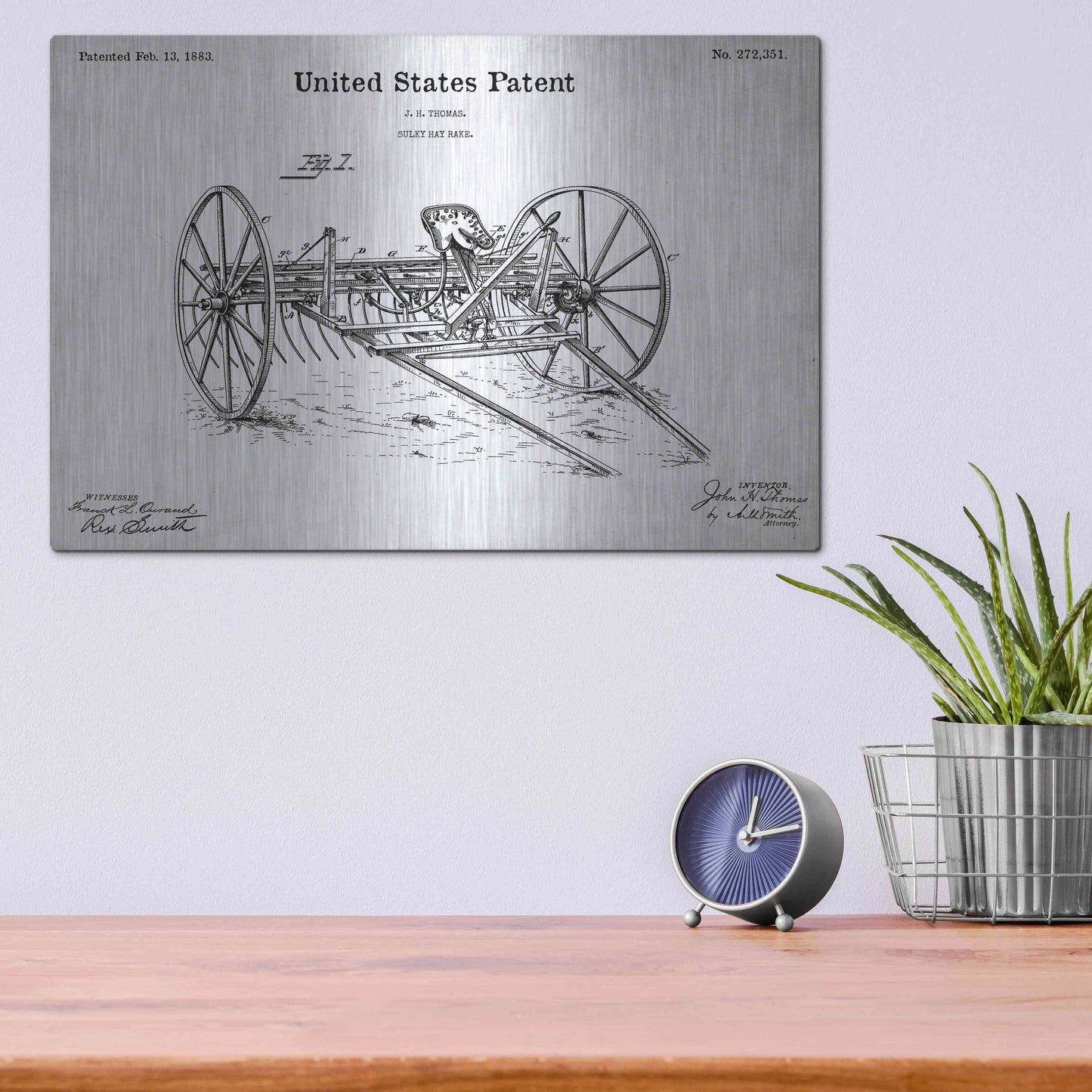 Luxe Metal Art 'Horse Drawn Hay Rake Blueprint Patent White' Acrylic Glass Wall Art,16x12