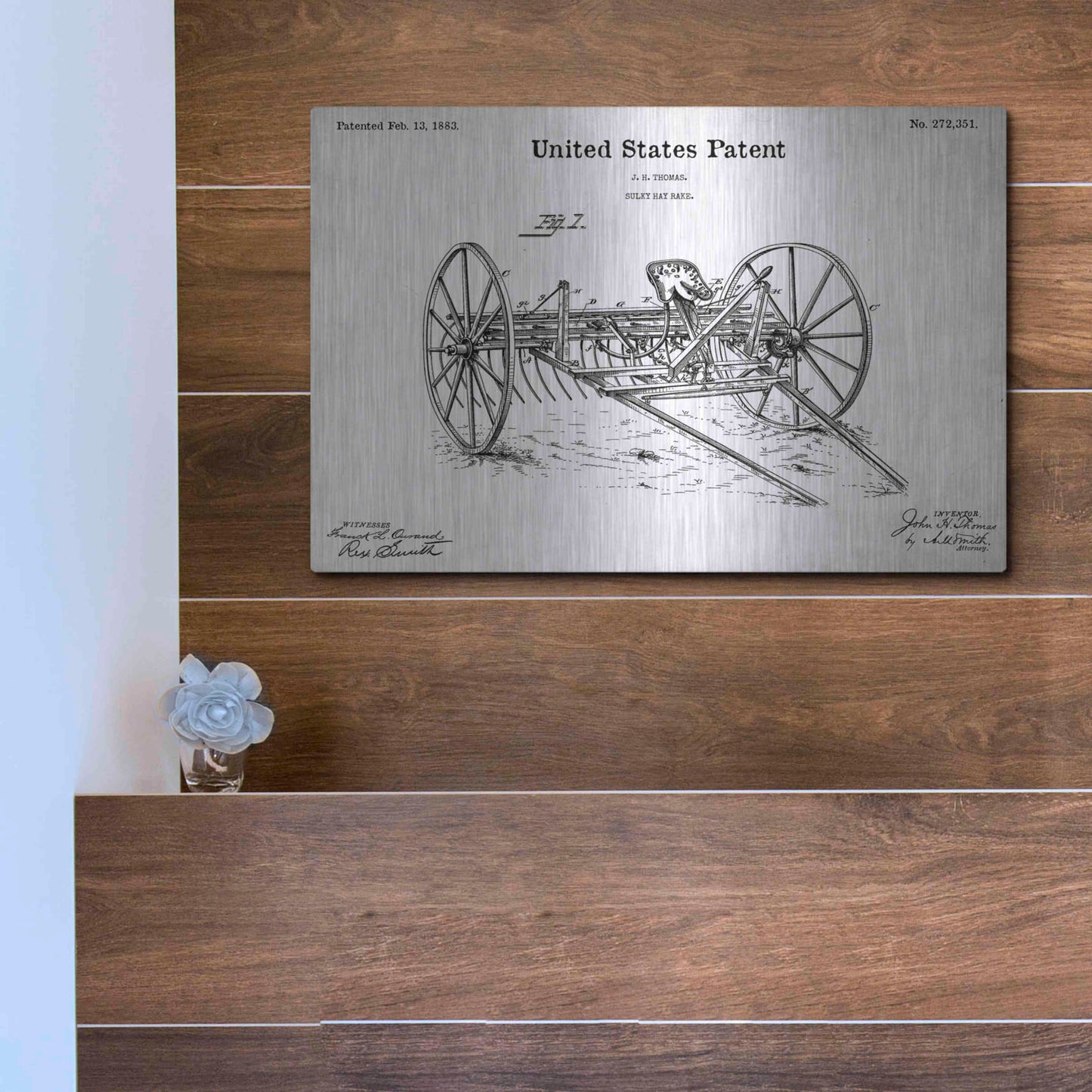 Luxe Metal Art 'Horse Drawn Hay Rake Blueprint Patent White' Acrylic Glass Wall Art,16x12