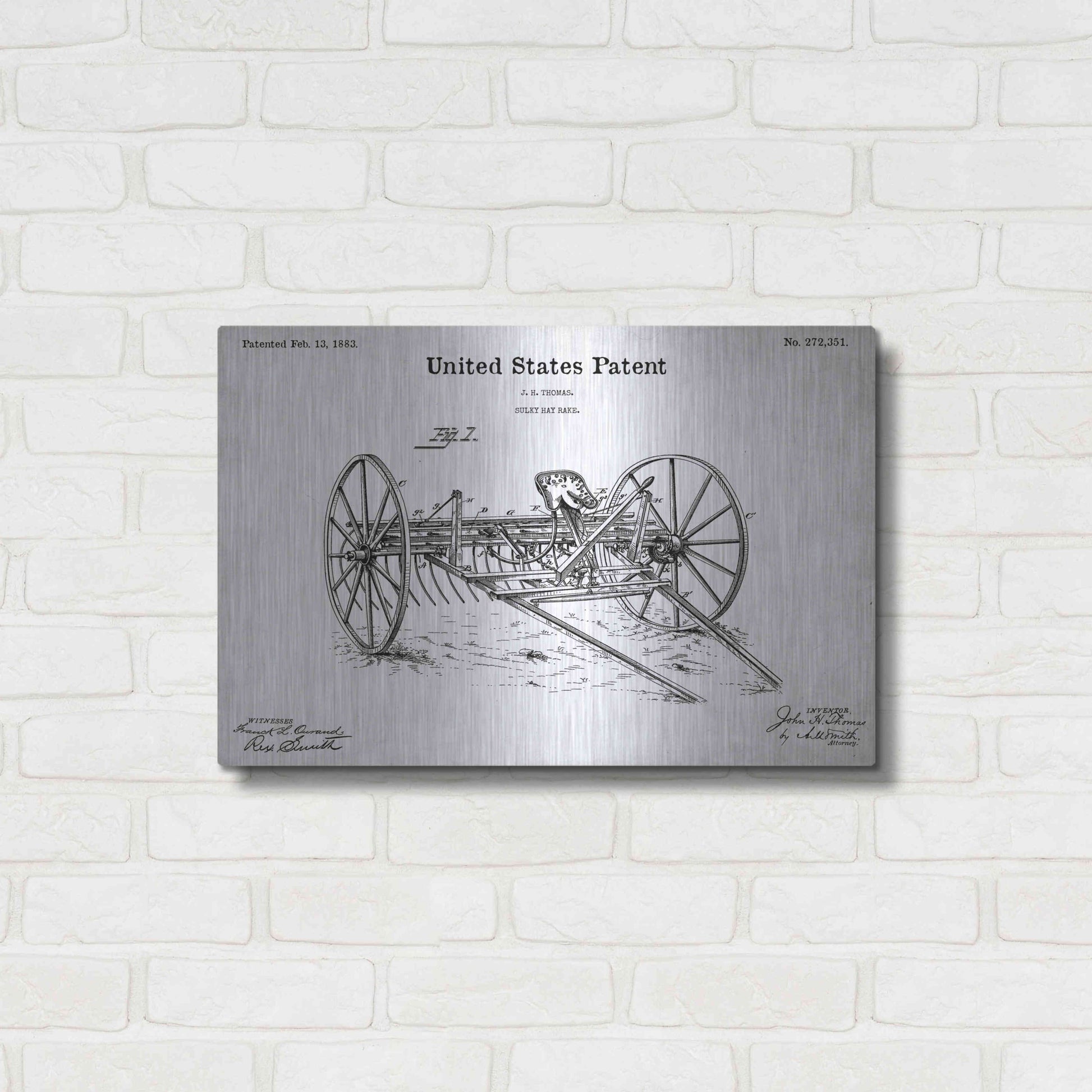 Luxe Metal Art 'Horse Drawn Hay Rake Blueprint Patent White' Acrylic Glass Wall Art,24x16