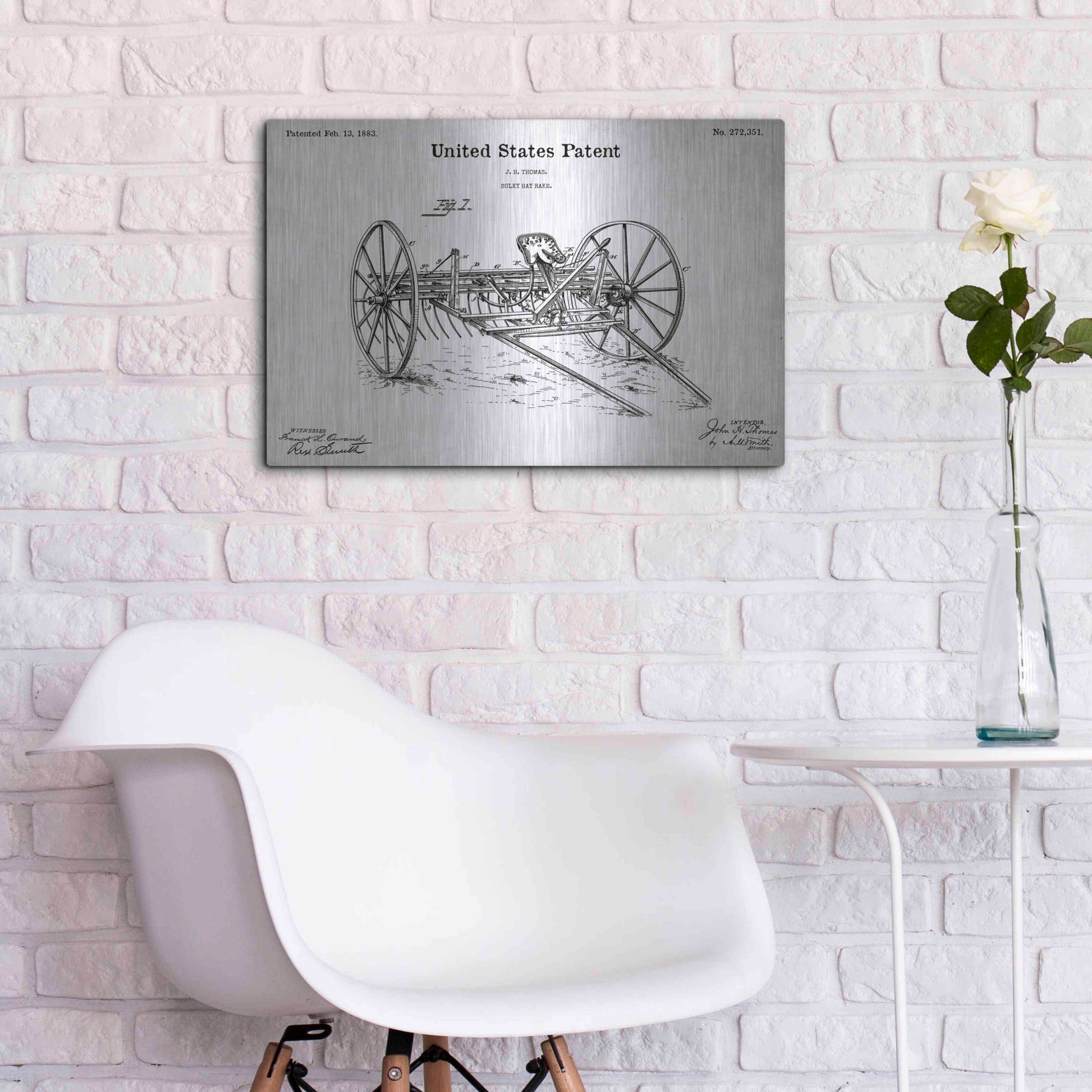 Luxe Metal Art 'Horse Drawn Hay Rake Blueprint Patent White' Acrylic Glass Wall Art,24x16