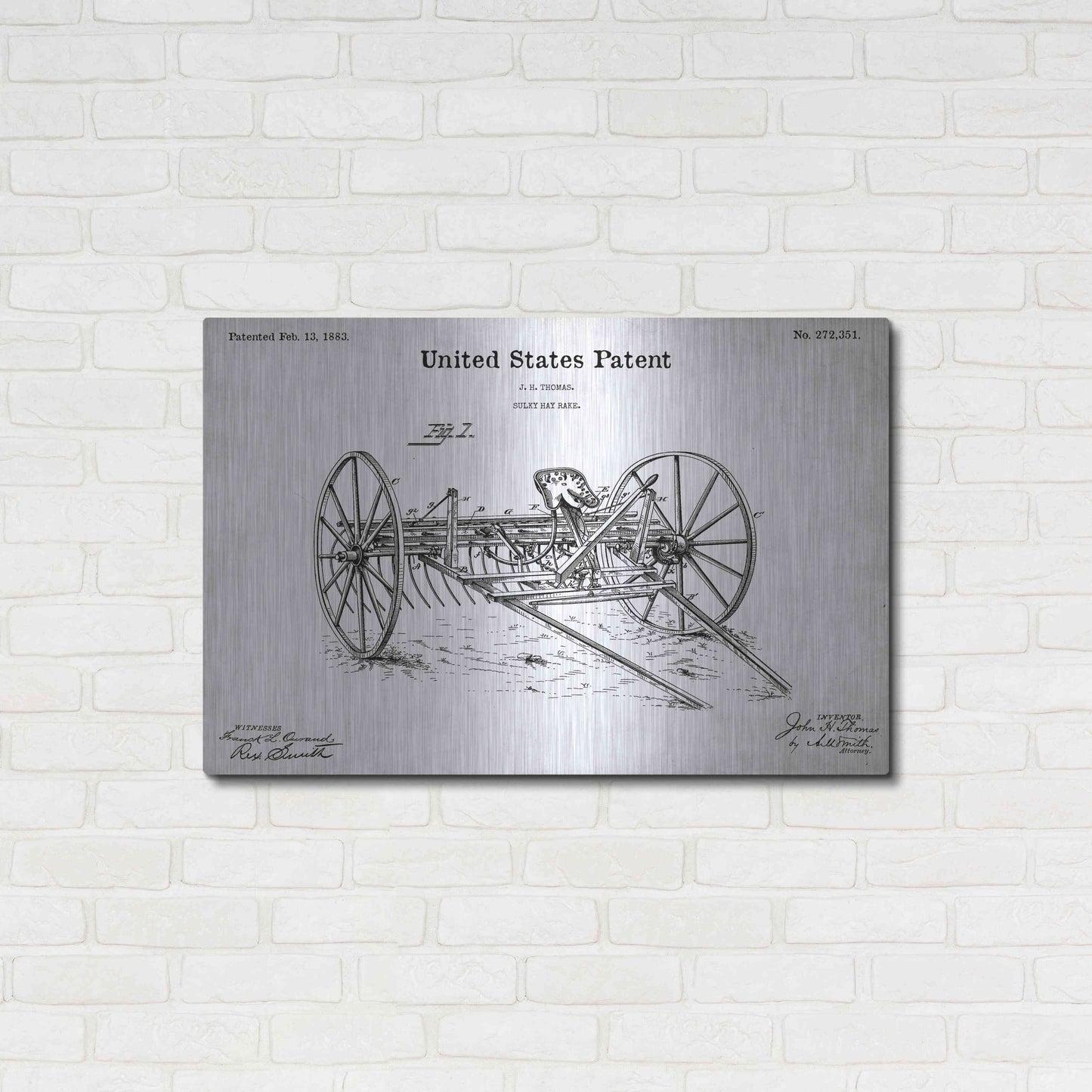 Luxe Metal Art 'Horse Drawn Hay Rake Blueprint Patent White' Acrylic Glass Wall Art,36x24