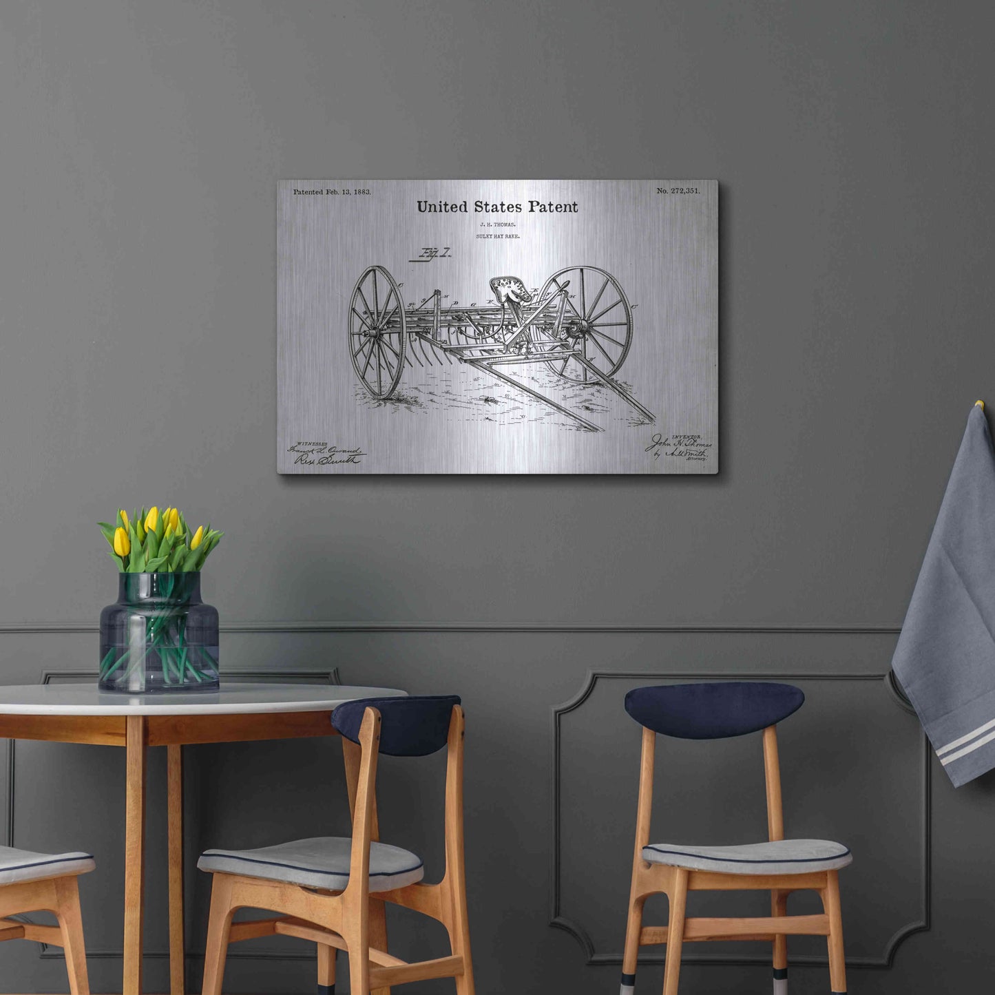 Luxe Metal Art 'Horse Drawn Hay Rake Blueprint Patent White' Acrylic Glass Wall Art,36x24