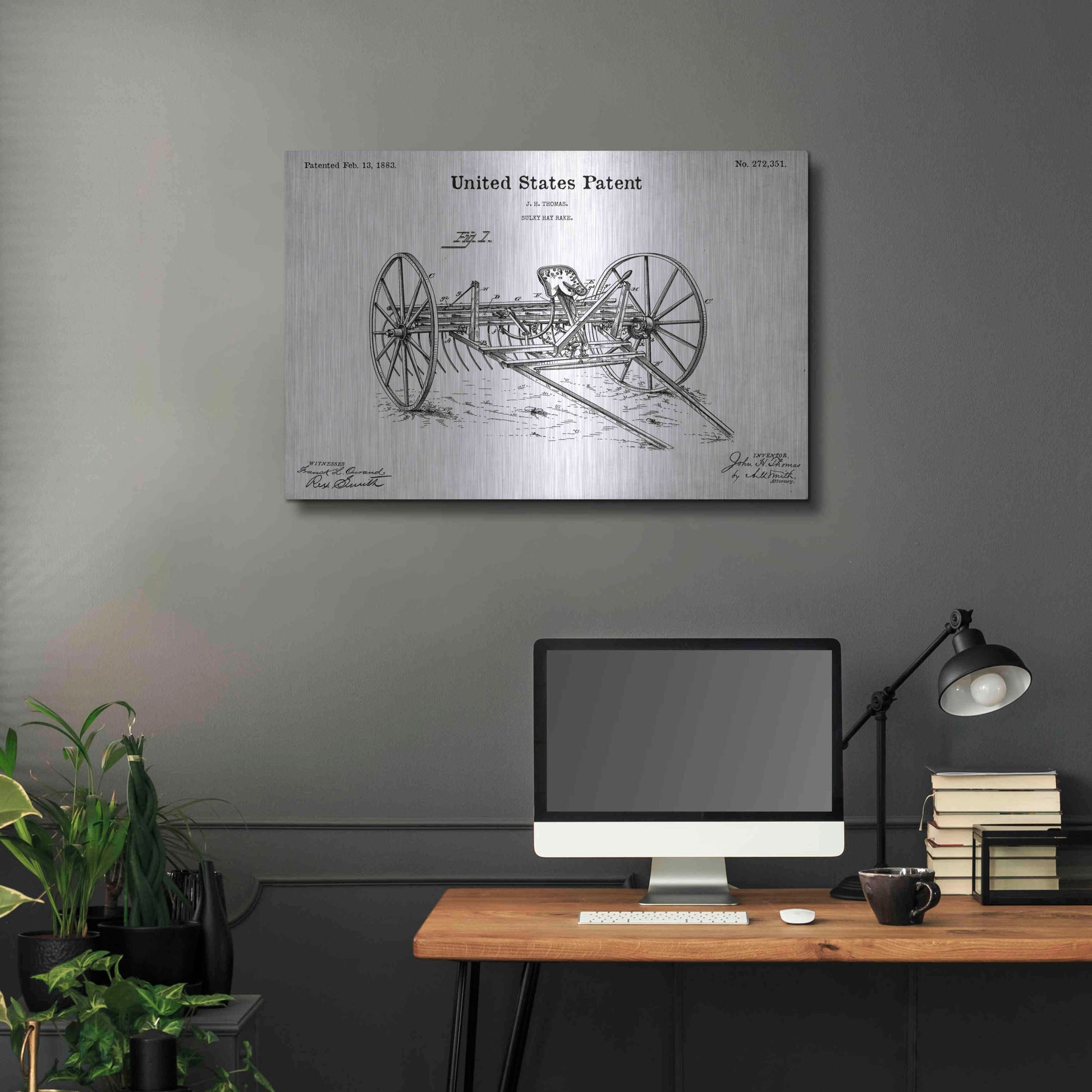 Luxe Metal Art 'Horse Drawn Hay Rake Blueprint Patent White' Acrylic Glass Wall Art,36x24