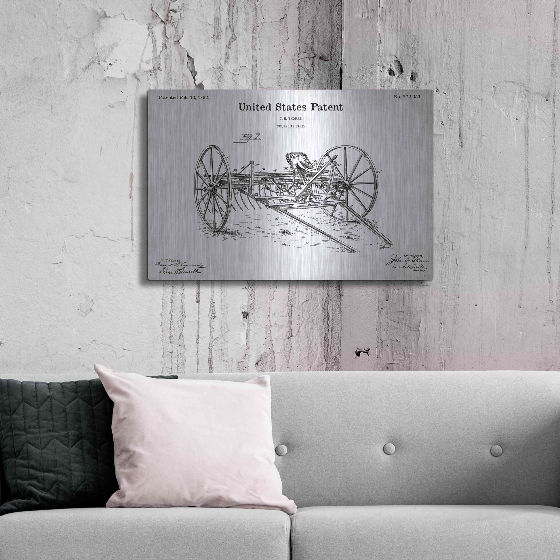 Luxe Metal Art 'Horse Drawn Hay Rake Blueprint Patent White' Acrylic Glass Wall Art,36x24