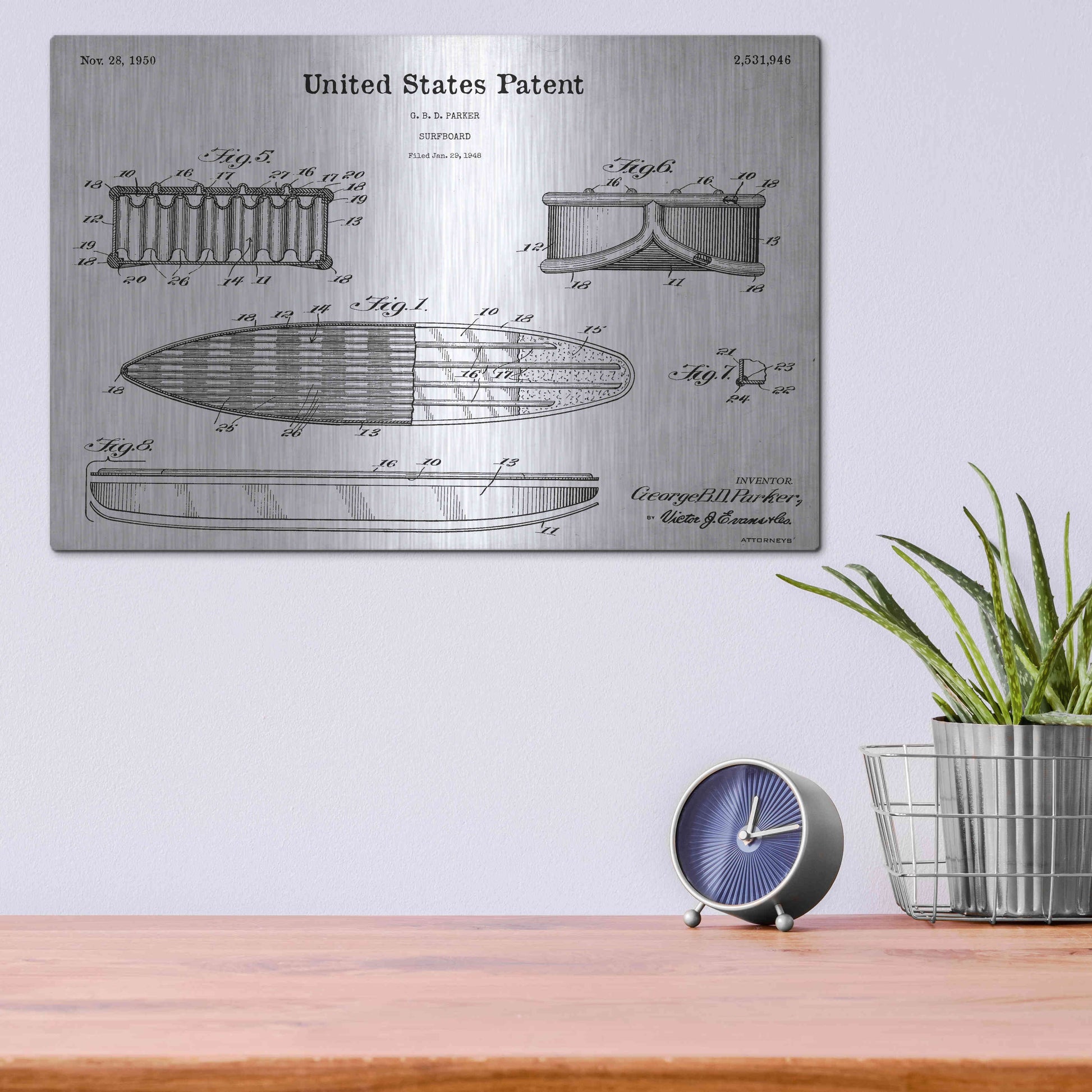 Luxe Metal Art 'Surfboard Blueprint Patent White' Acrylic Glass Wall Art,16x12