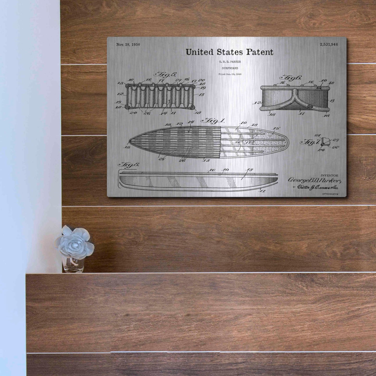 Luxe Metal Art 'Surfboard Blueprint Patent White' Acrylic Glass Wall Art,16x12