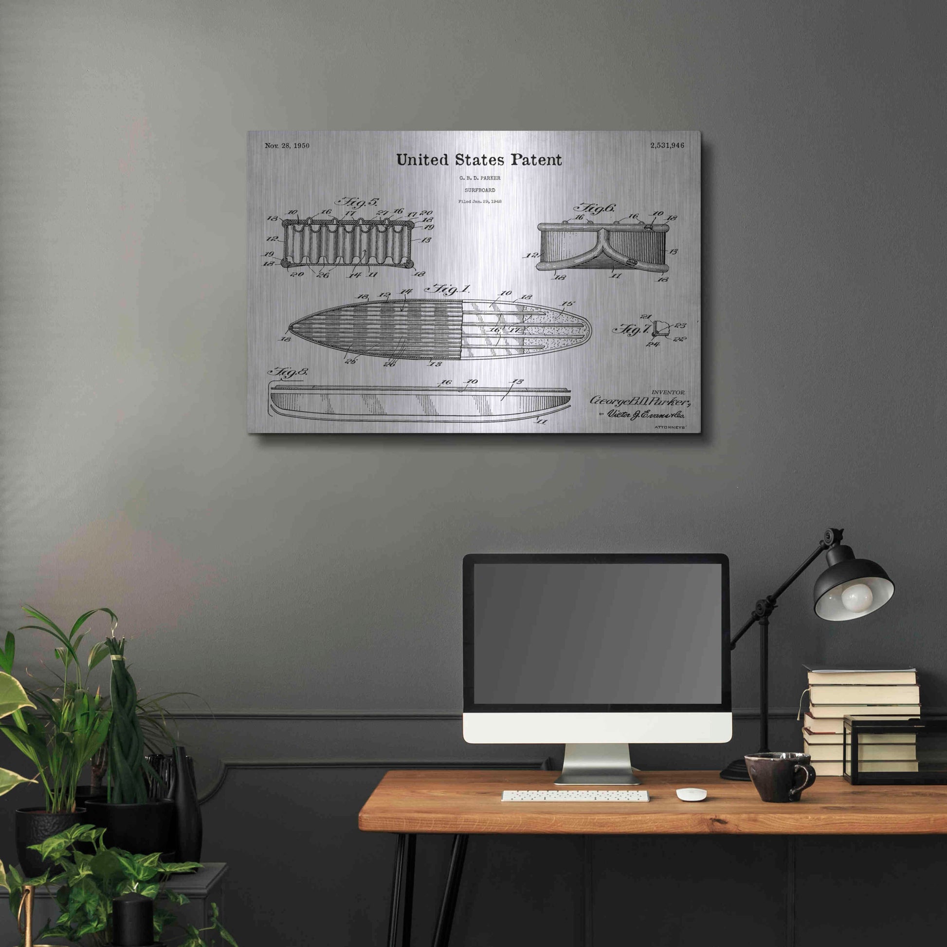 Luxe Metal Art 'Surfboard Blueprint Patent White' Acrylic Glass Wall Art,36x24