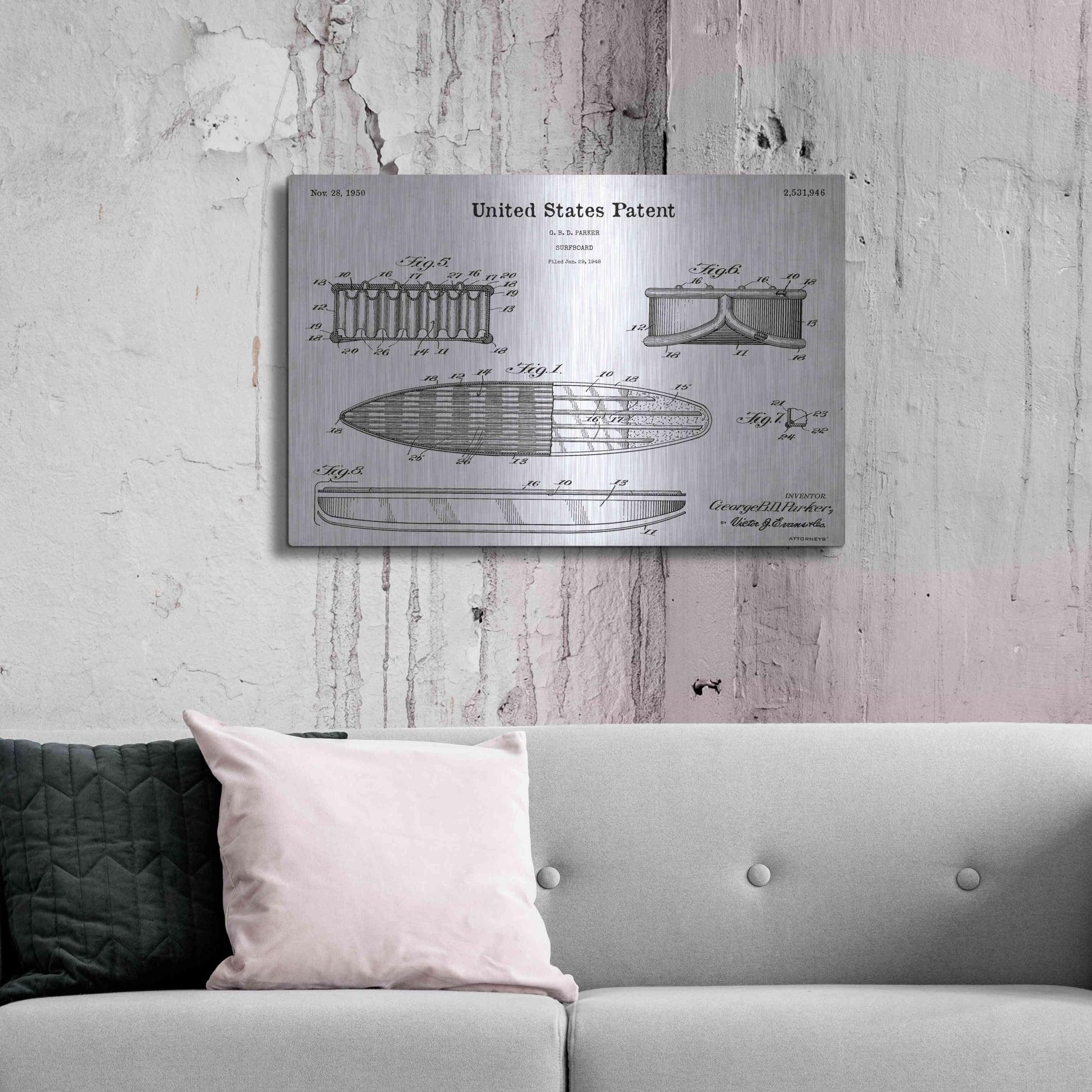 Luxe Metal Art 'Surfboard Blueprint Patent White' Acrylic Glass Wall Art,36x24