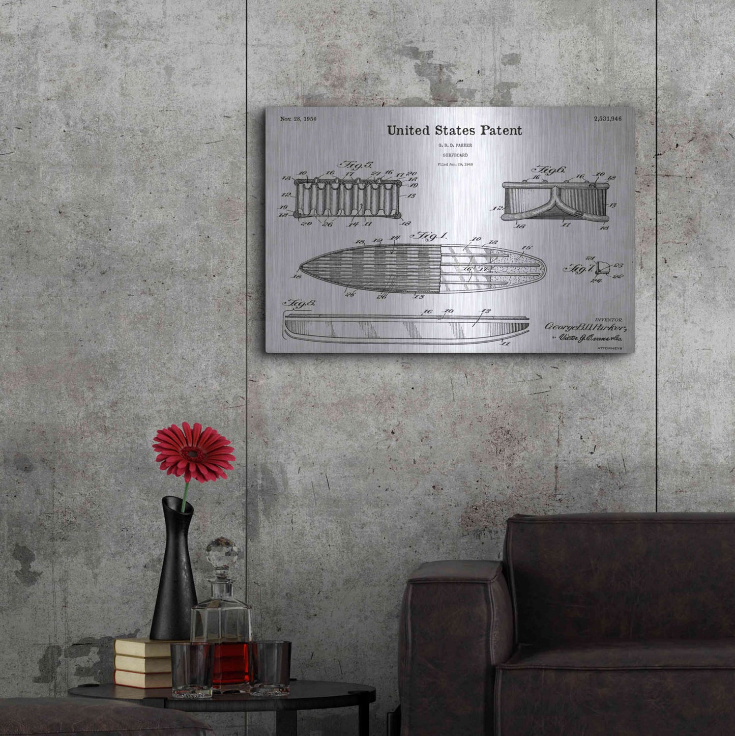 Luxe Metal Art 'Surfboard Blueprint Patent White' Acrylic Glass Wall Art,36x24