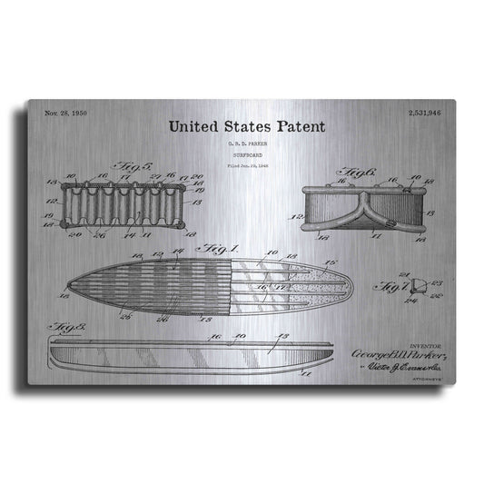 Luxe Metal Art 'Surfboard Blueprint Patent White' Acrylic Glass Wall Art