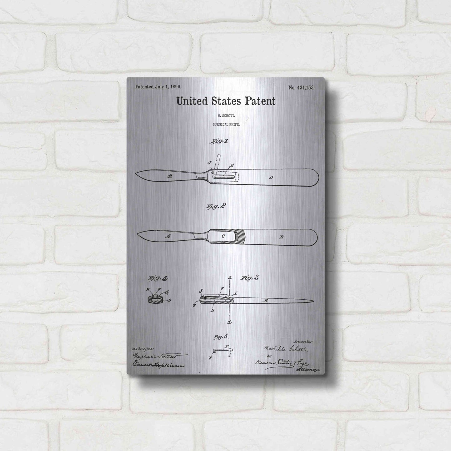 Luxe Metal Art 'Surgical Knife Blueprint Patent White' Acrylic Glass Wall Art,12x16