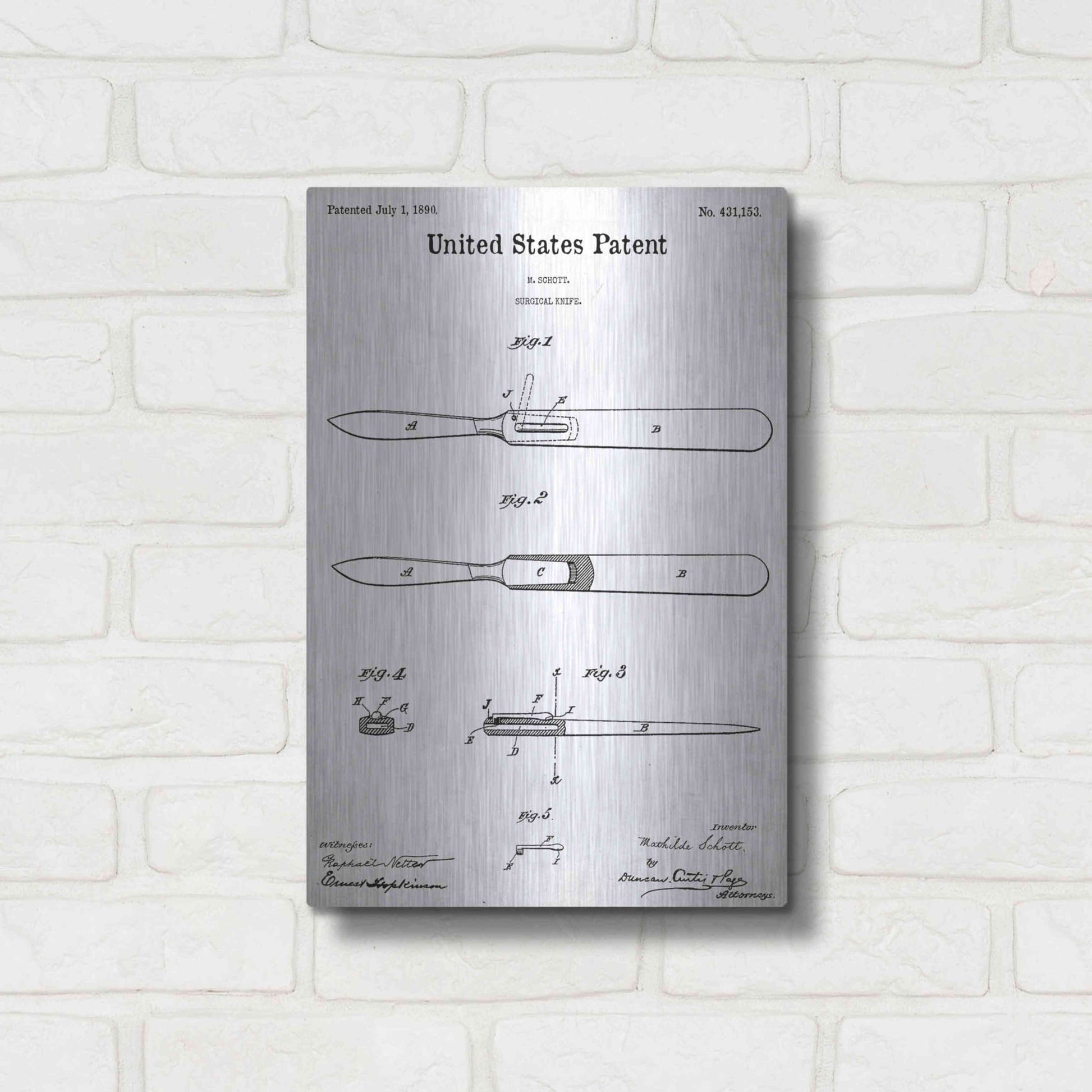 Luxe Metal Art 'Surgical Knife Blueprint Patent White' Acrylic Glass Wall Art,12x16