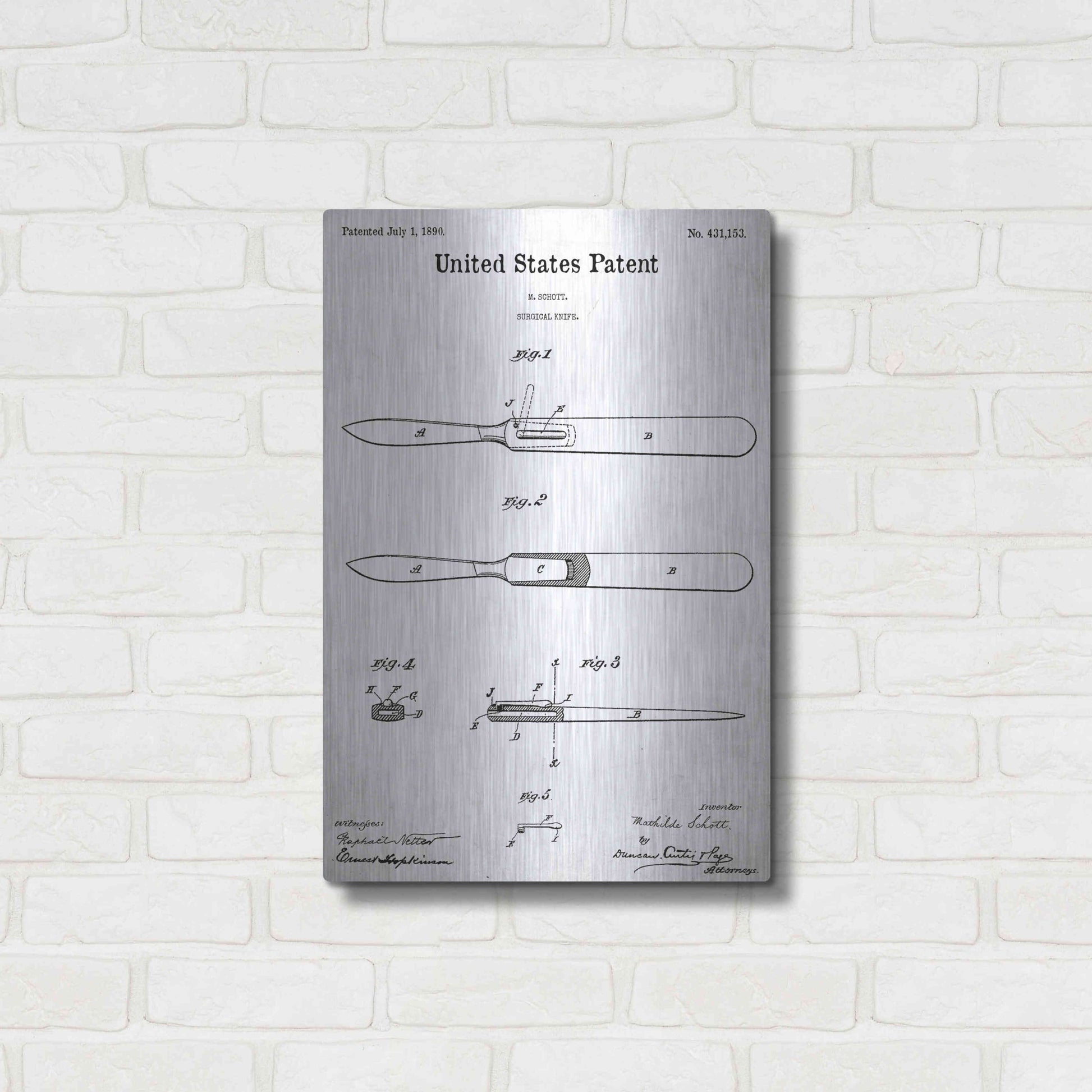 Luxe Metal Art 'Surgical Knife Blueprint Patent White' Acrylic Glass Wall Art,16x24