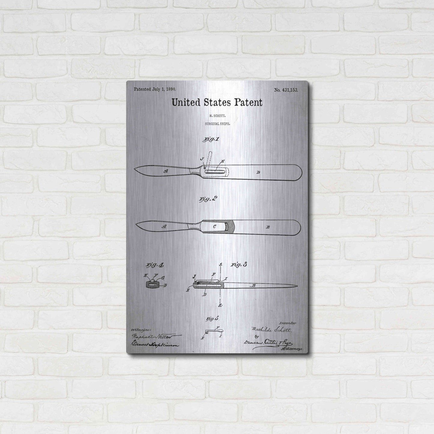 Luxe Metal Art 'Surgical Knife Blueprint Patent White' Acrylic Glass Wall Art,24x36