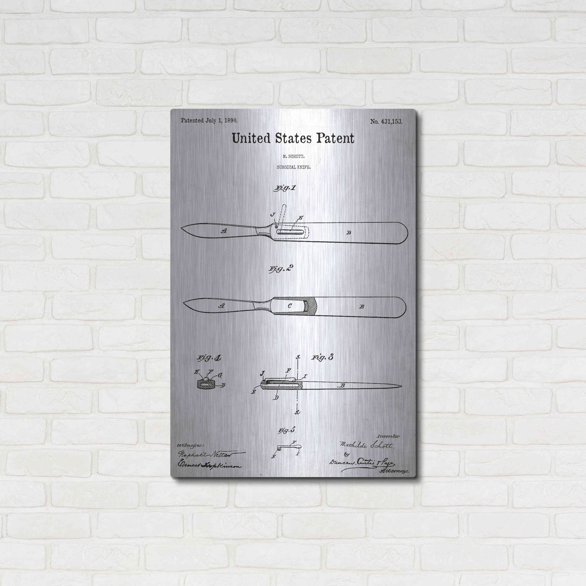 Luxe Metal Art 'Surgical Knife Blueprint Patent White' Acrylic Glass Wall Art,24x36