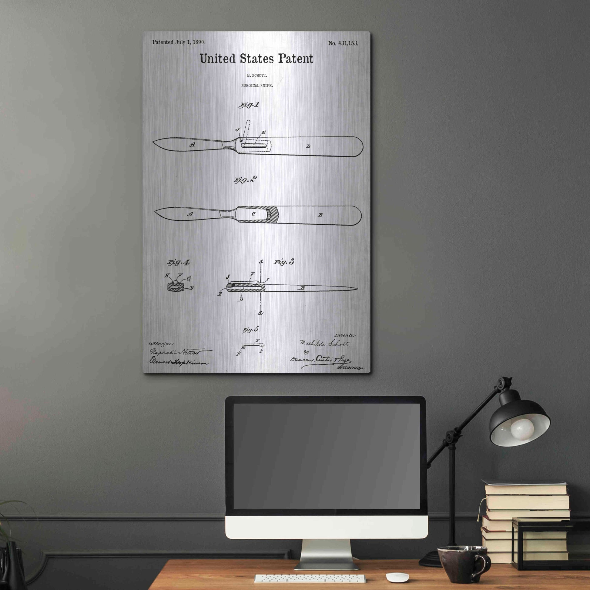 Luxe Metal Art 'Surgical Knife Blueprint Patent White' Acrylic Glass Wall Art,24x36