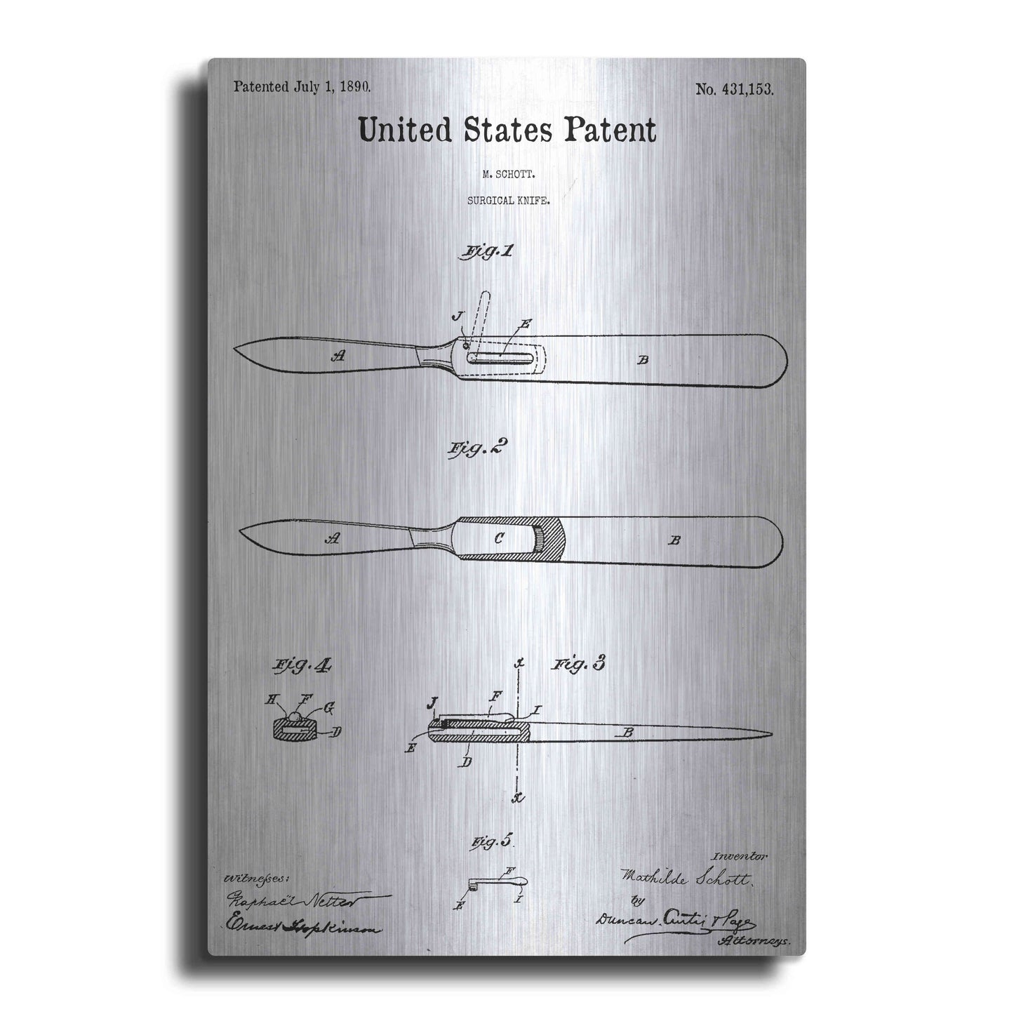 Luxe Metal Art 'Surgical Knife Blueprint Patent White' Acrylic Glass Wall Art