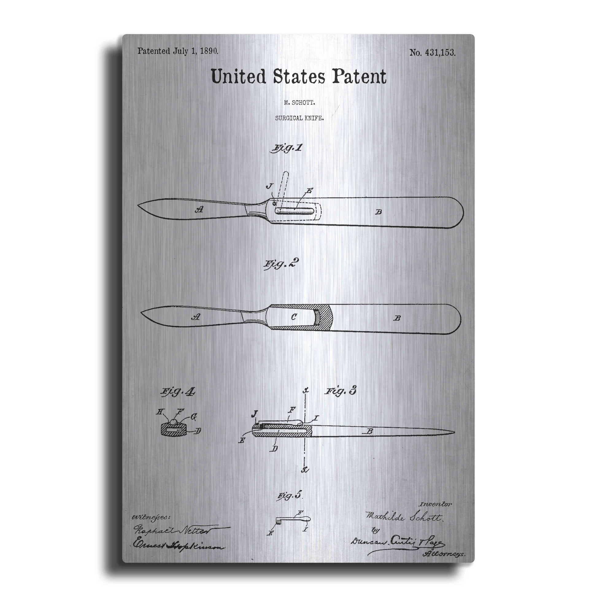Luxe Metal Art 'Surgical Knife Blueprint Patent White' Acrylic Glass Wall Art