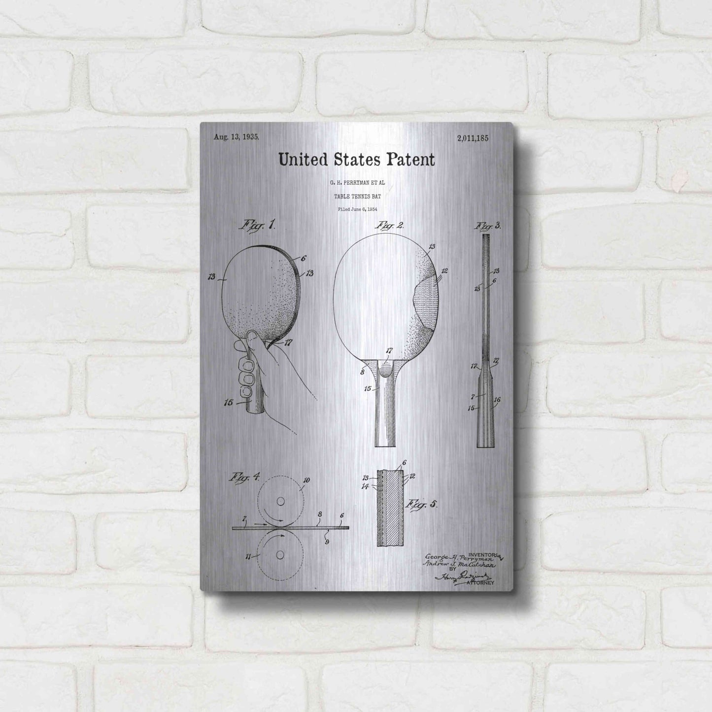 Luxe Metal Art 'Table Tennis Paddle Blueprint Patent White' Acrylic Glass Wall Art,12x16