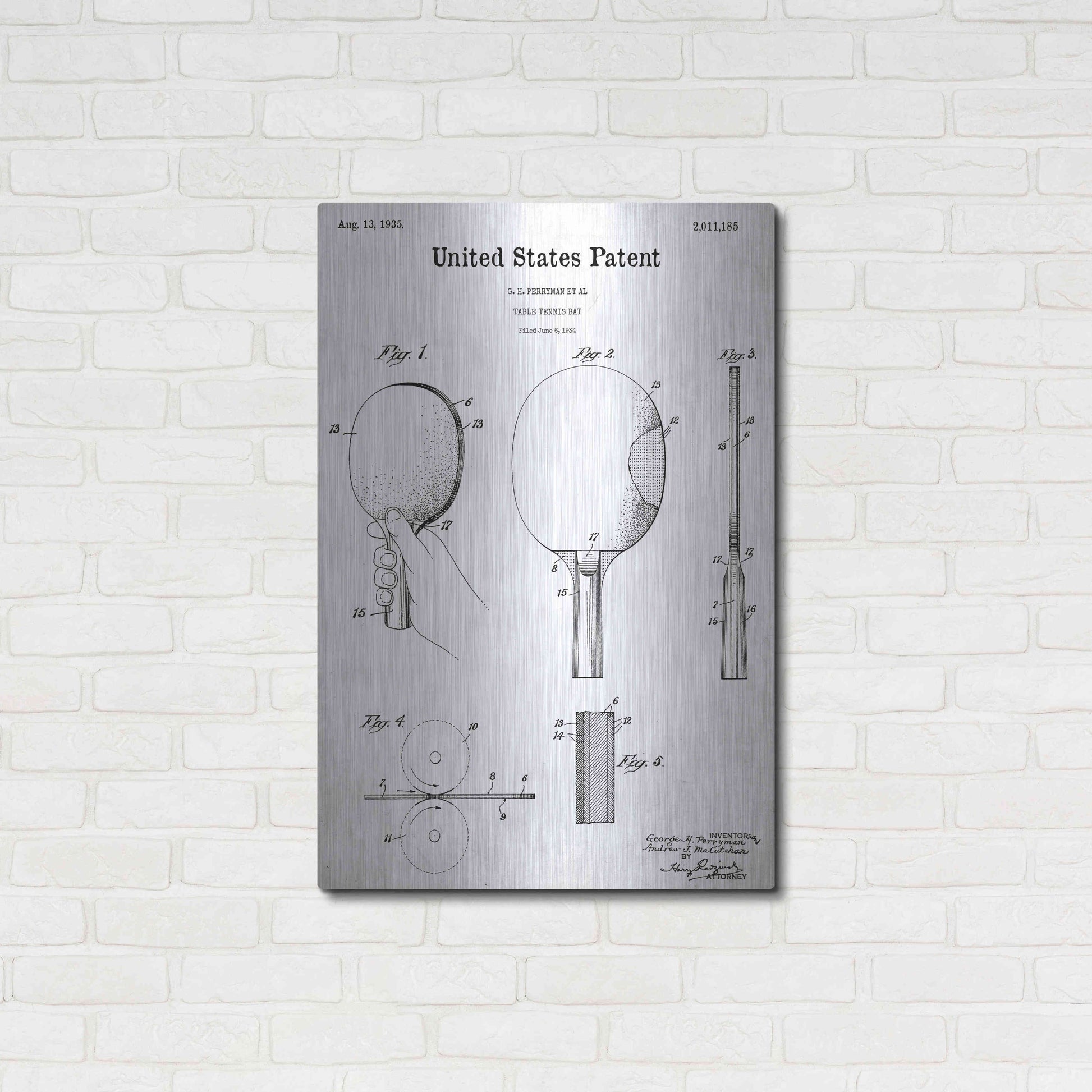 Luxe Metal Art 'Table Tennis Paddle Blueprint Patent White' Acrylic Glass Wall Art,24x36