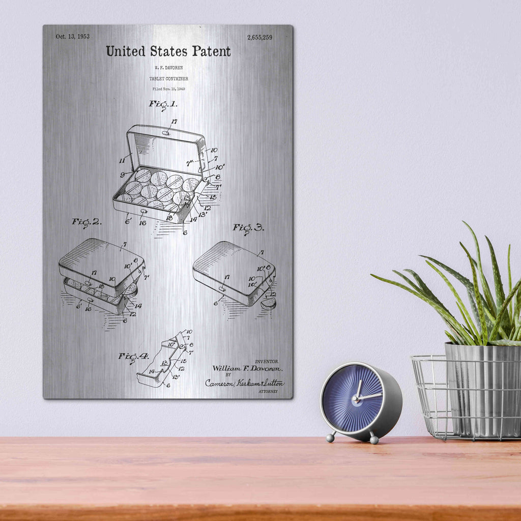 Luxe Metal Art 'Pharmacy Tablet Container Blueprint Patent White' Metal Wall Art,12x16