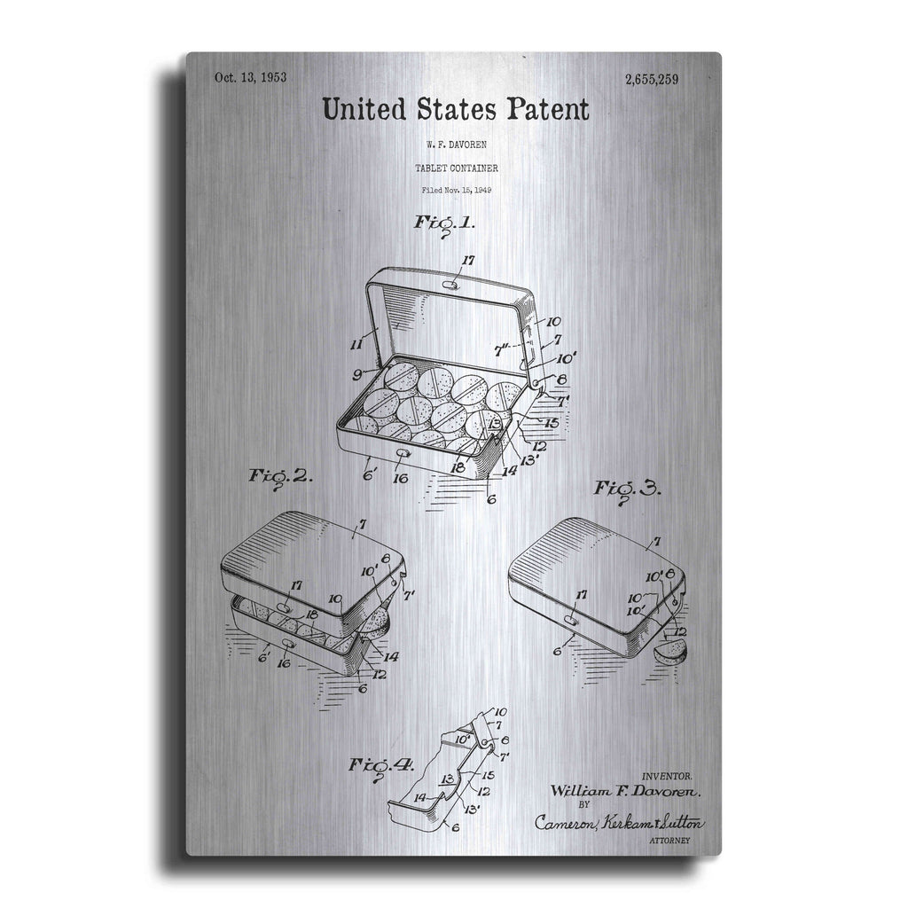 Luxe Metal Art 'Pharmacy Tablet Container Blueprint Patent White' Metal Wall Art