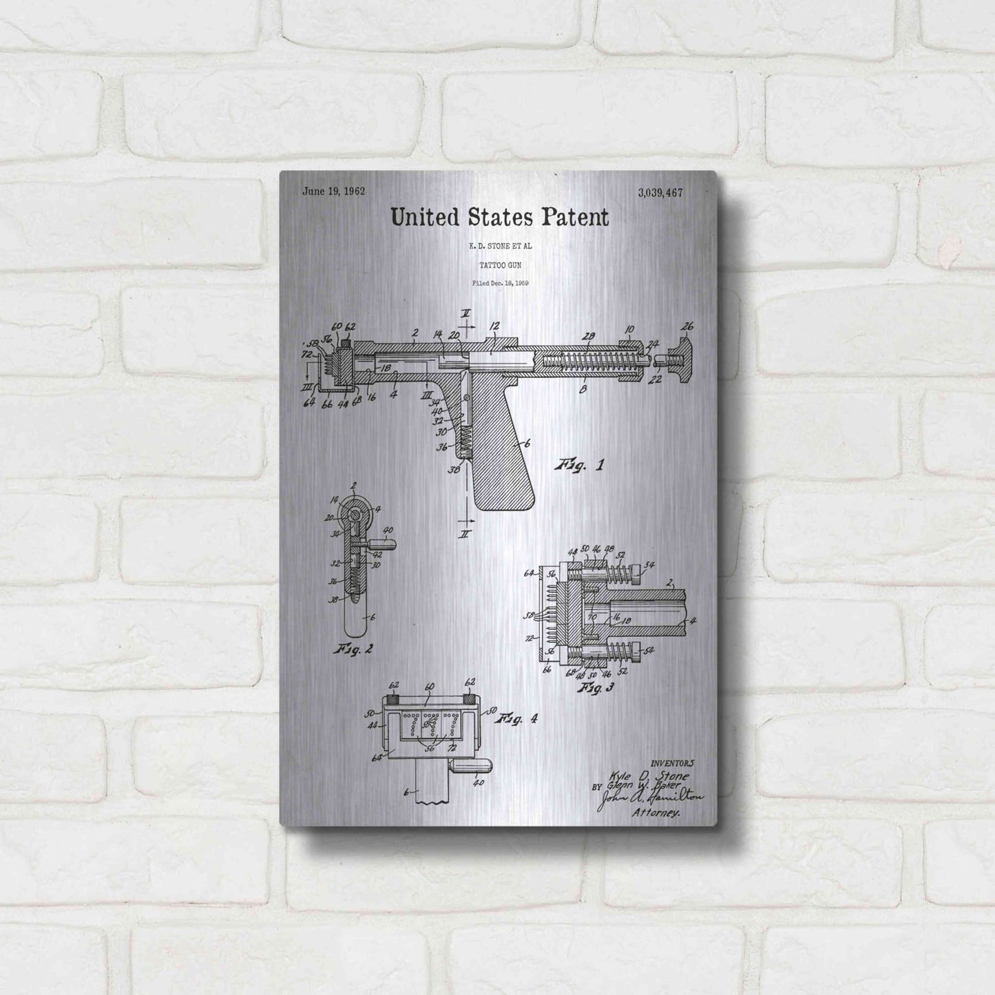 Luxe Metal Art 'Tattoo Gun Blueprint Patent White' Acrylic Glass Wall Art,12x16