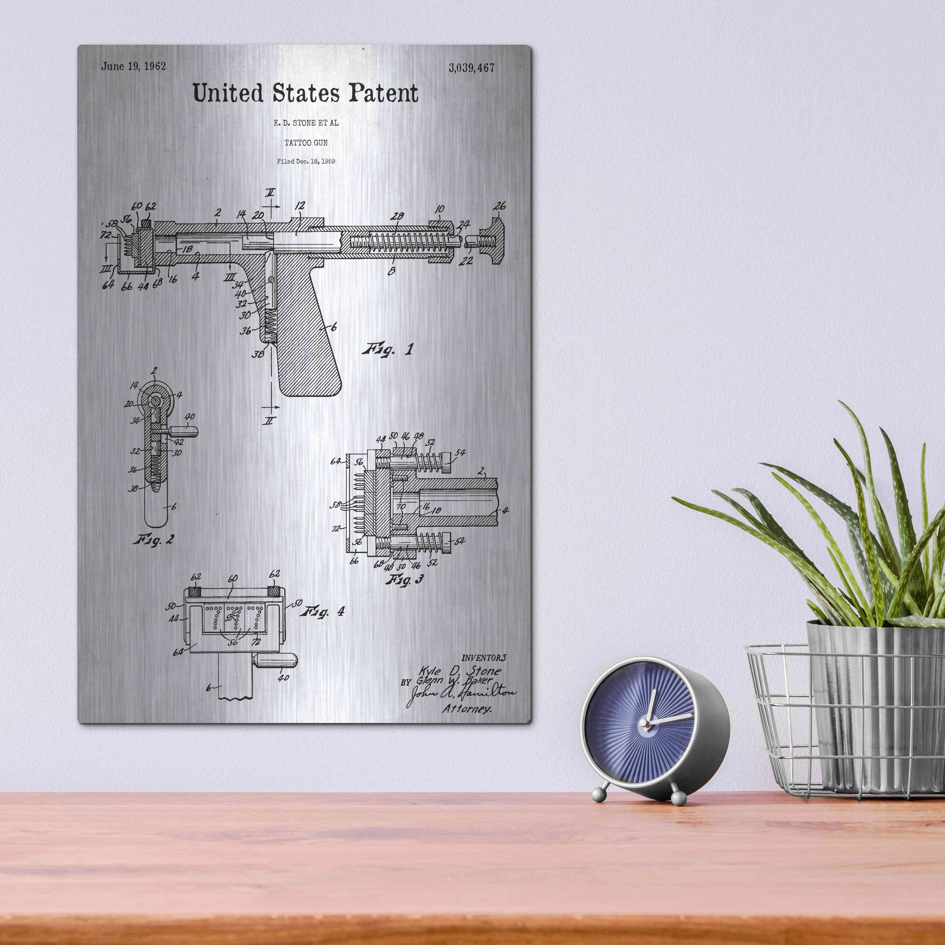 Luxe Metal Art 'Tattoo Gun Blueprint Patent White' Acrylic Glass Wall Art,12x16