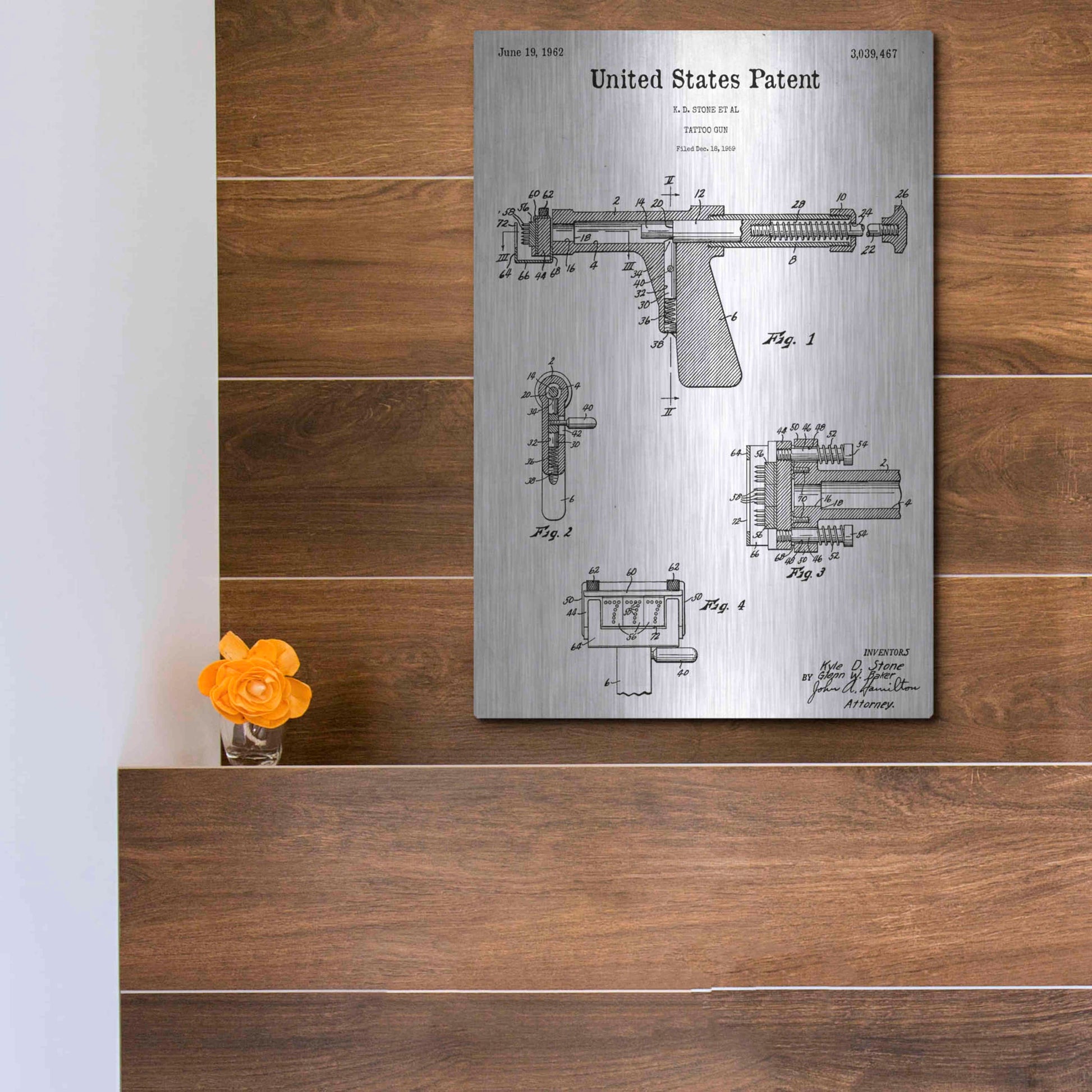 Luxe Metal Art 'Tattoo Gun Blueprint Patent White' Acrylic Glass Wall Art,12x16