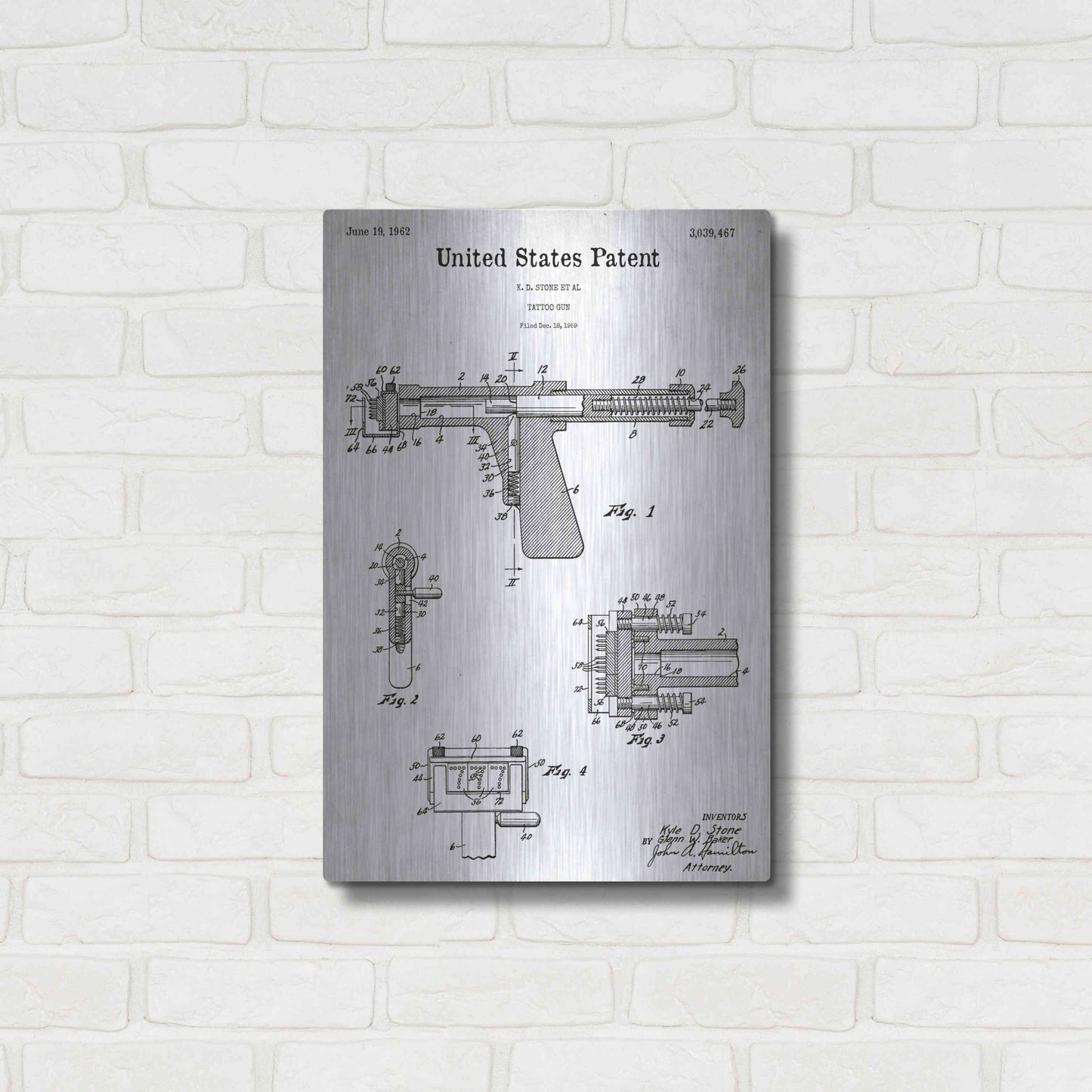 Luxe Metal Art 'Tattoo Gun Blueprint Patent White' Acrylic Glass Wall Art,16x24