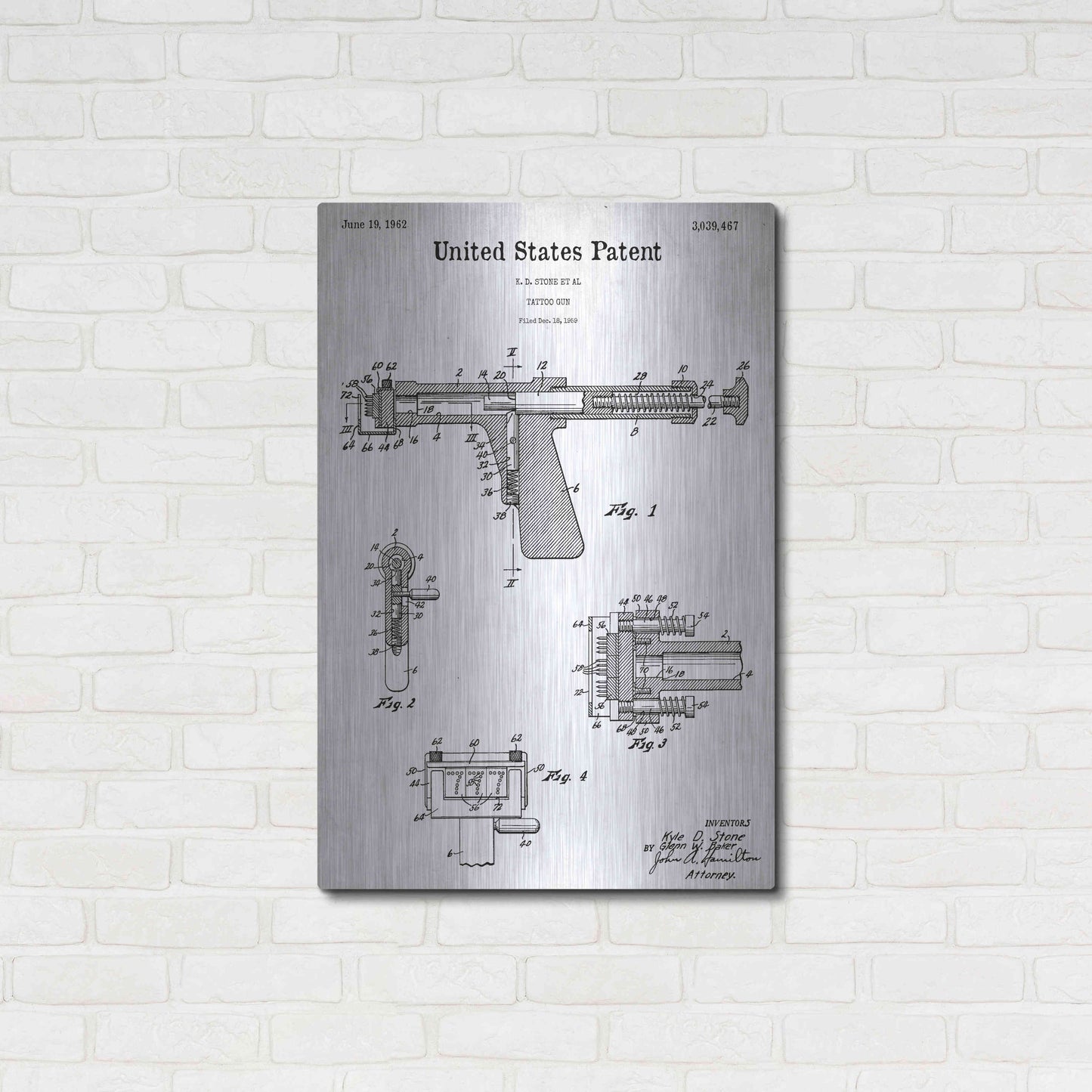 Luxe Metal Art 'Tattoo Gun Blueprint Patent White' Acrylic Glass Wall Art,24x36