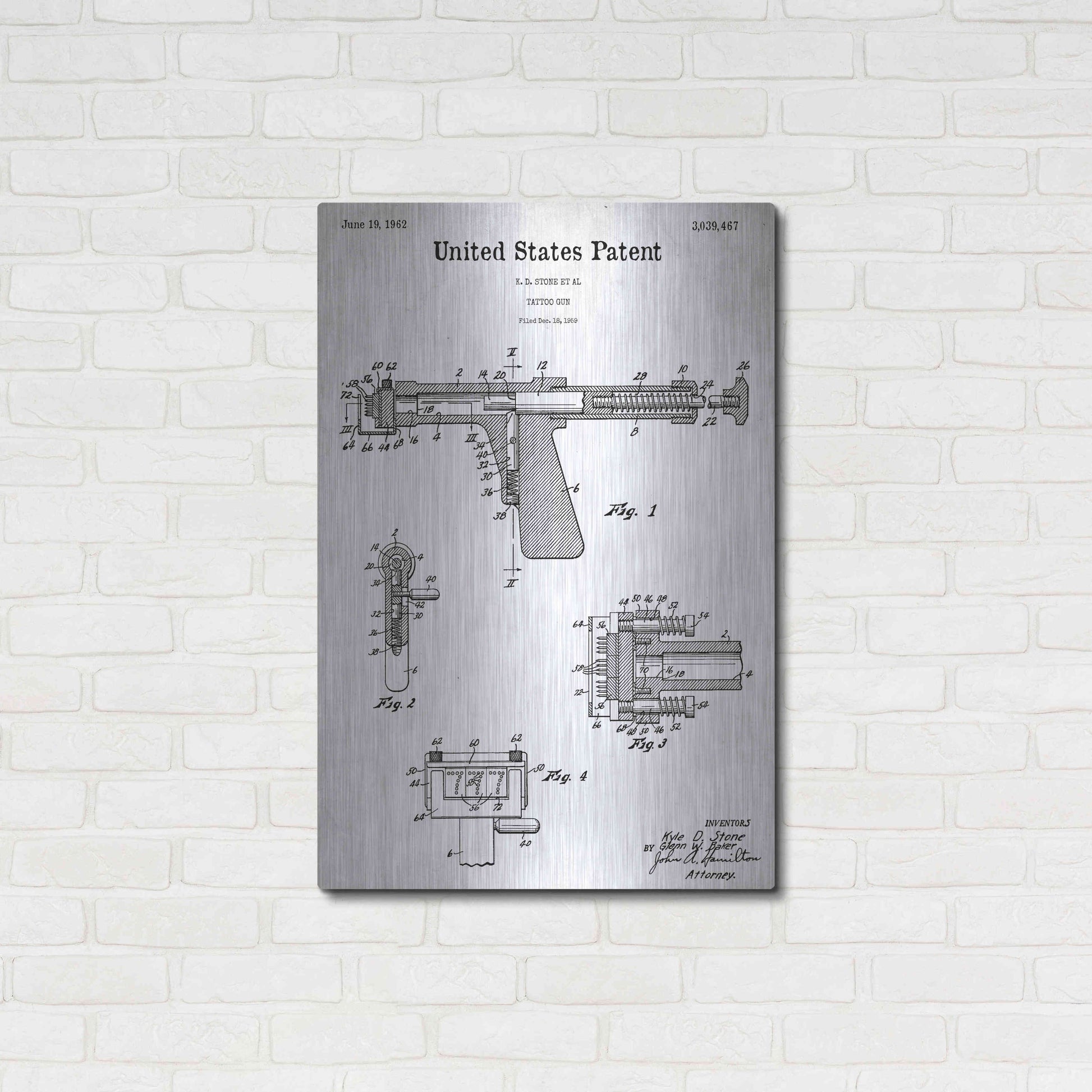 Luxe Metal Art 'Tattoo Gun Blueprint Patent White' Acrylic Glass Wall Art,24x36