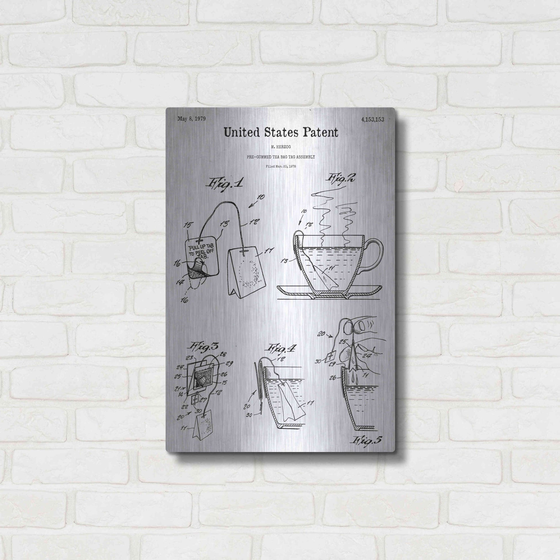 Luxe Metal Art 'Tea Bag Blueprint Patent White' Acrylic Glass Wall Art,16x24