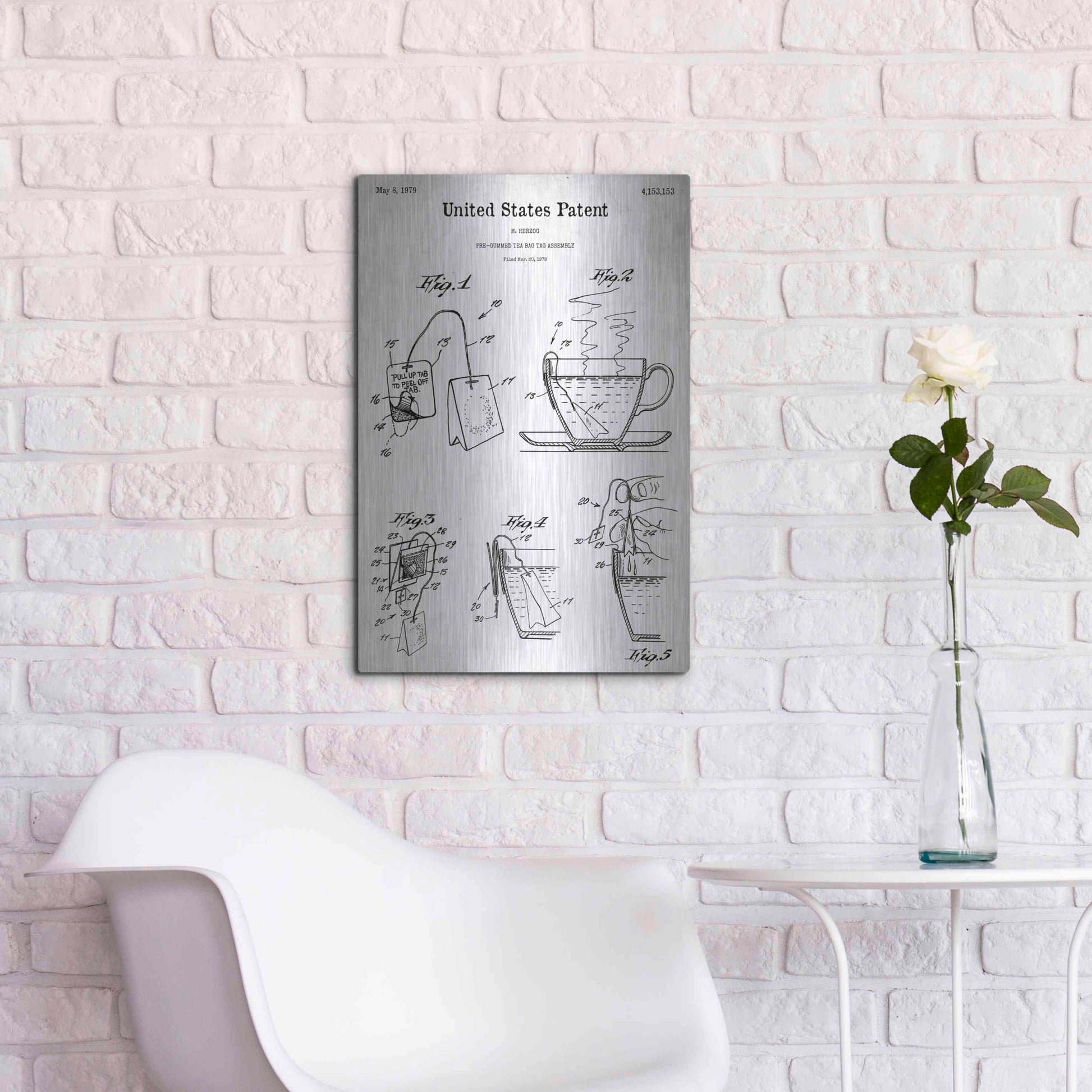 Luxe Metal Art 'Tea Bag Blueprint Patent White' Acrylic Glass Wall Art,16x24