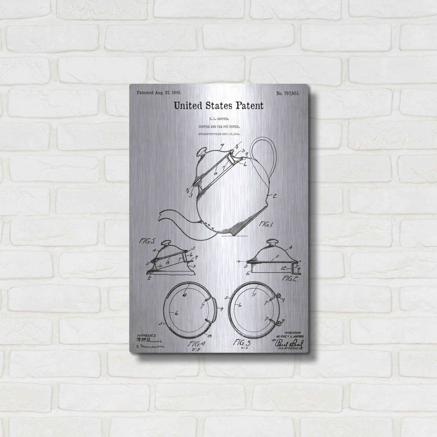 Luxe Metal Art 'Tea Pot Cover Blueprint Patent White' Acrylic Glass Wall Art,16x24