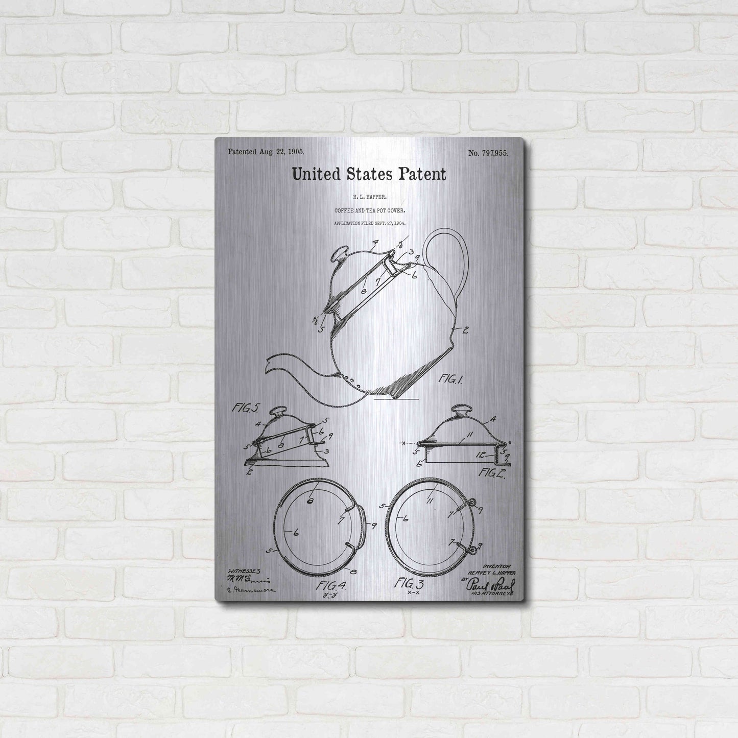 Luxe Metal Art 'Tea Pot Cover Blueprint Patent White' Acrylic Glass Wall Art,24x36